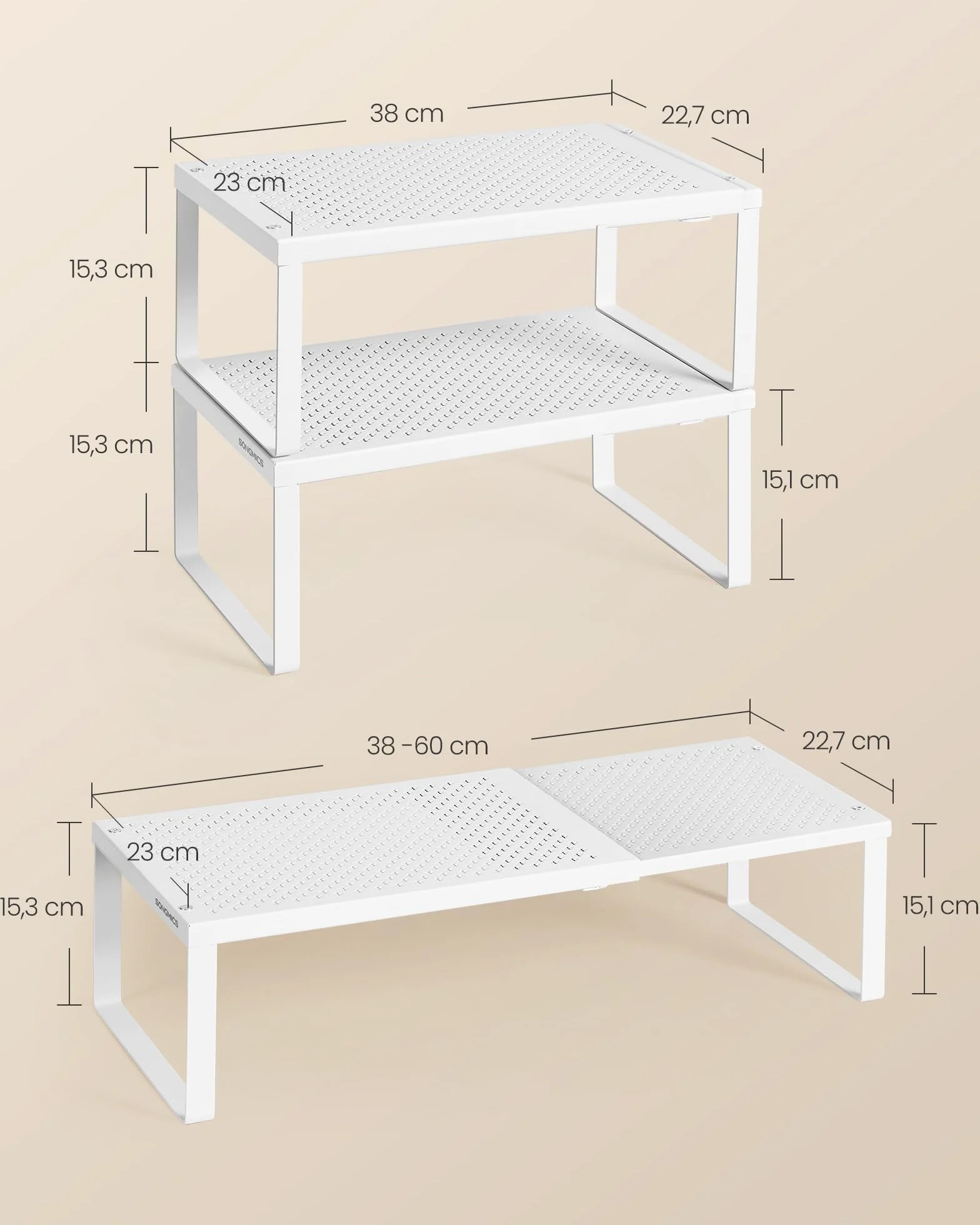 SONGMICS Especiero, Extensible, Organizador de Cocina, Estante de Cocina, Organizador de Armario, Estante Pequeño, Metal, Encimera, Mesa, Zapatero, Blanco Mate KCS007W01