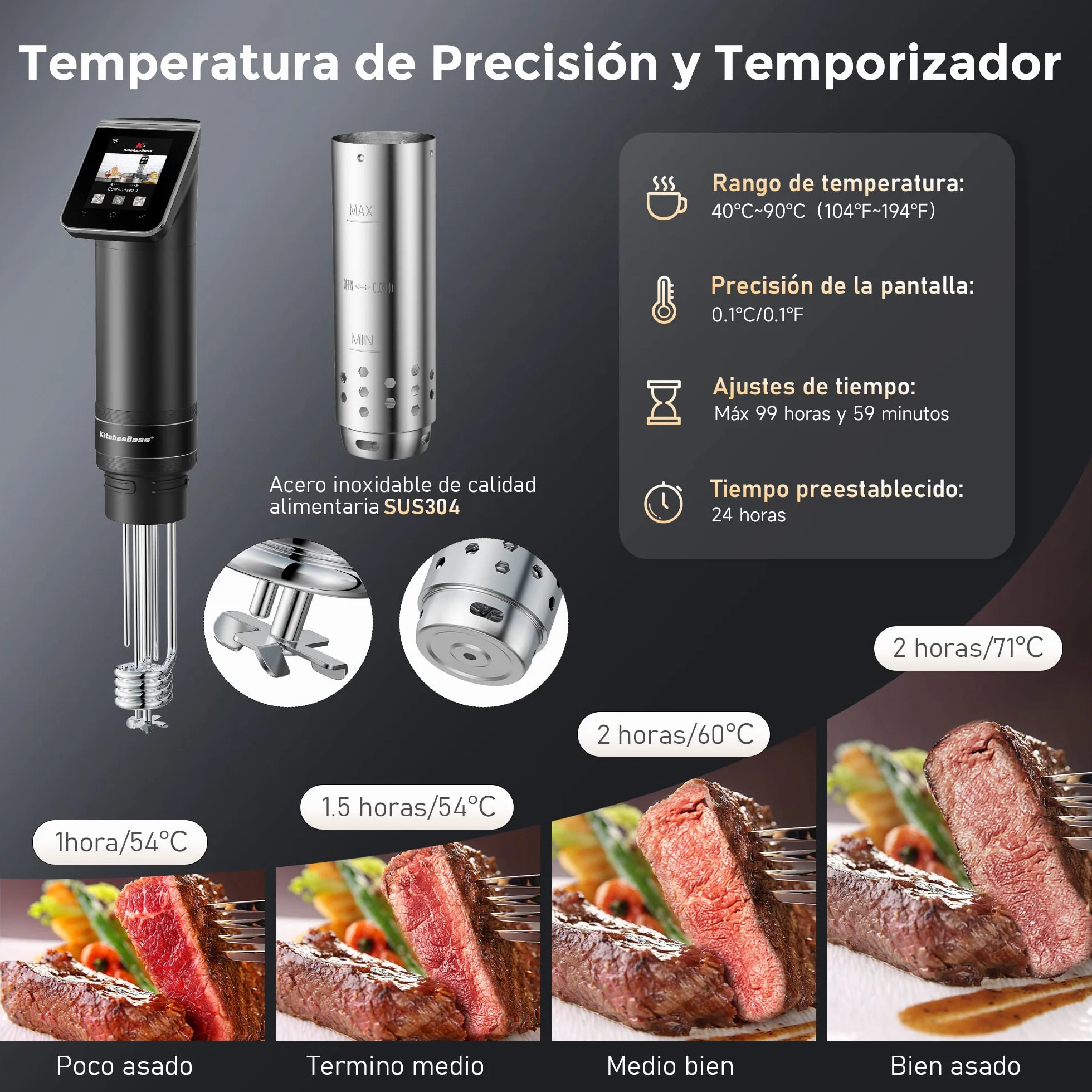 KitchenBoss Wifi Roner Cocina Baja Temperatura: G330 WLAN Sous Vide Roner, 1100W,Inmersión a Prueba de Agua IPX7 Circuladores Control de APP y Temperatura de Precisión TFT táctil Muy tranquilo