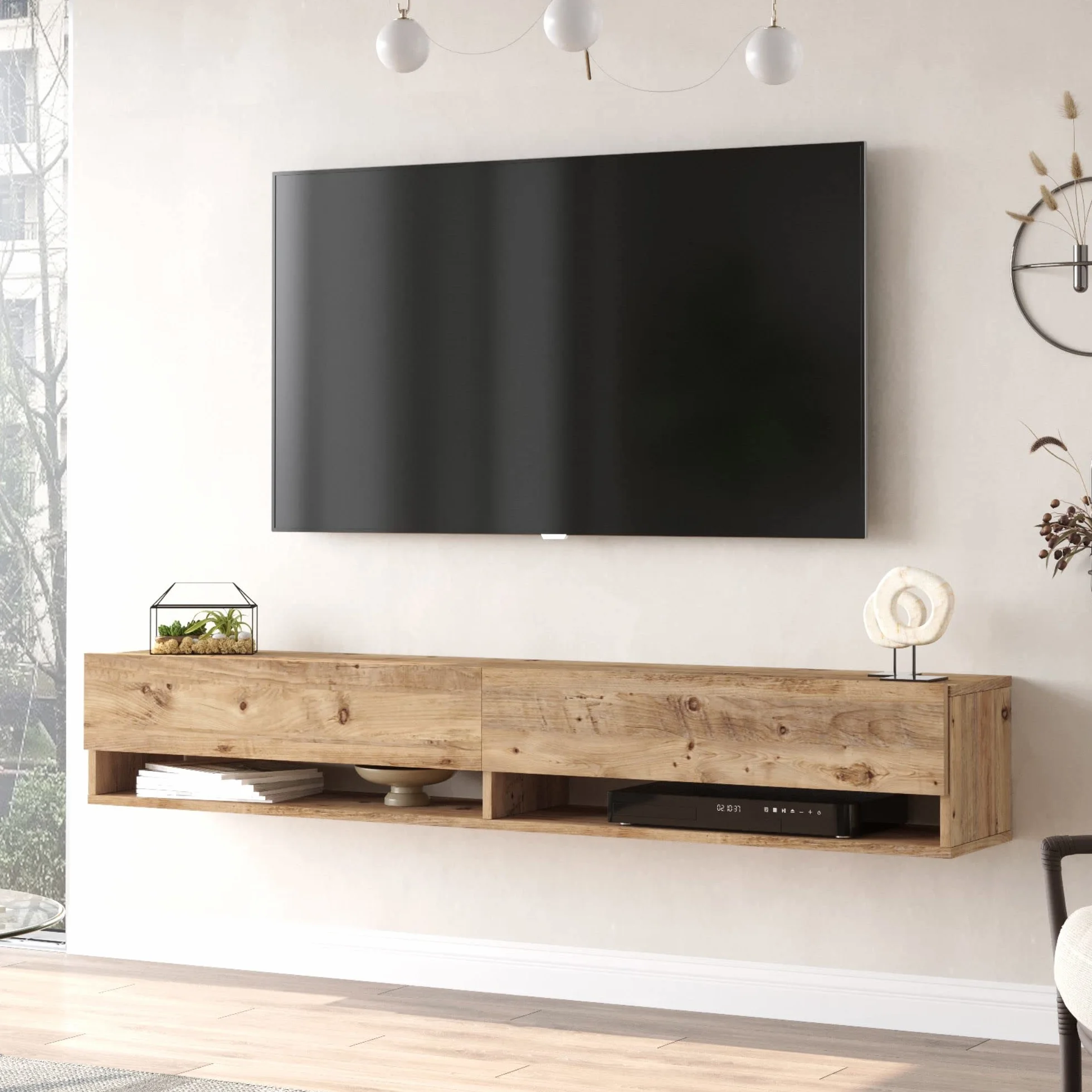 [en.casa] Mueble TV Suspendido con Espacio de Almacenaje Mesa Tele de Pared con 2 Puertas y 2 Estantes Aglomerado 180 x 32 x 30 cm Roble Rústico