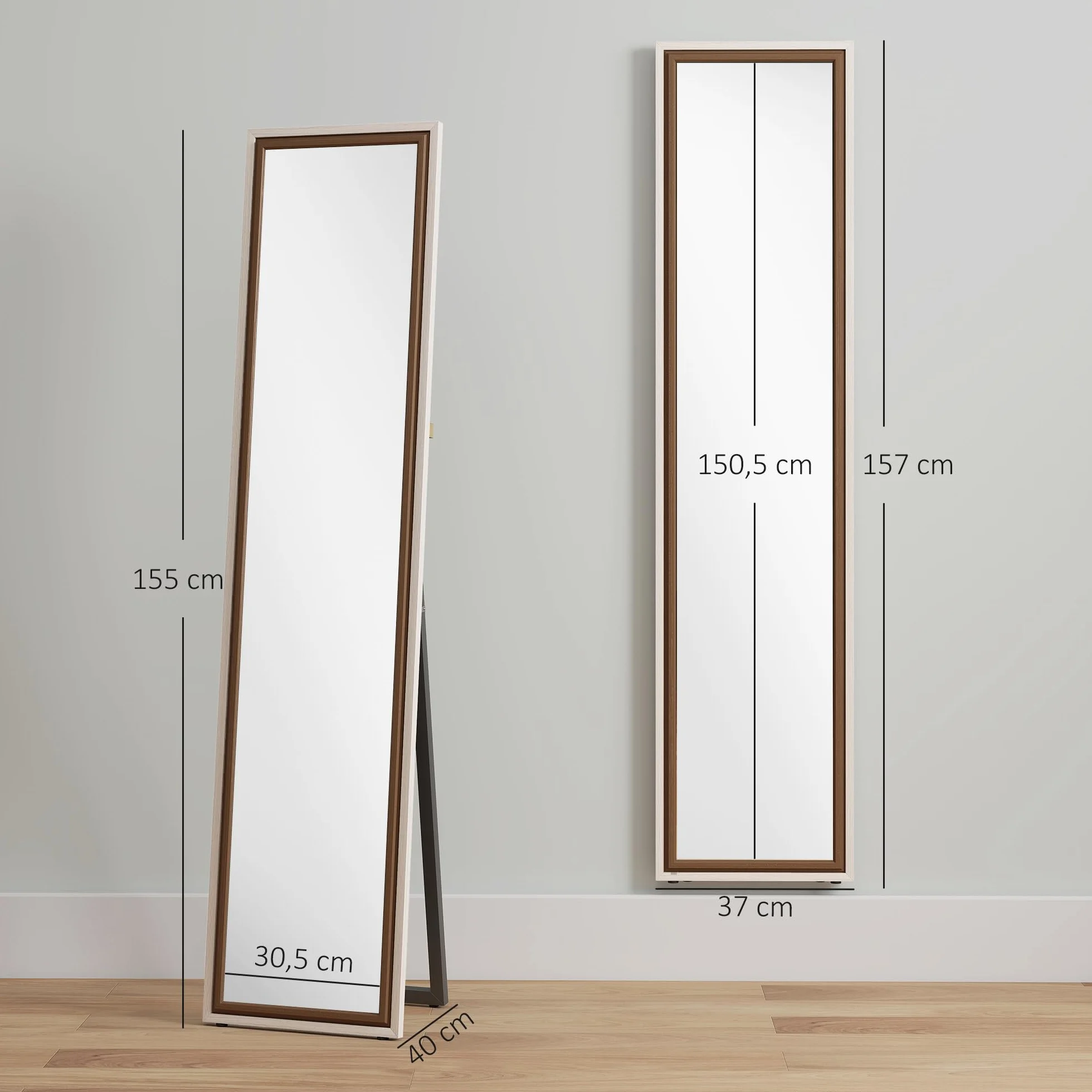 HOMCOM Espejo de Pie Cuerpo Entero 157x37 cm, Espejo Grande de Pared con Marco Bicolor, de Pie, Inclinado o Colgante, para Salón, Dormitorio, Pasillo, Entrada, Blanco y Marrón Oscuro