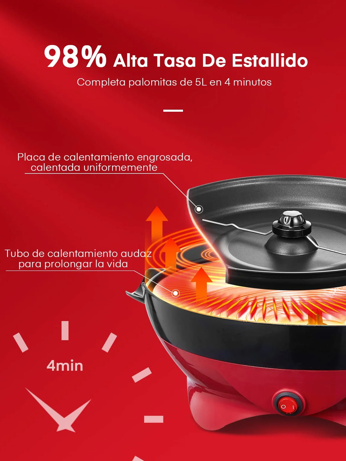 FOHERE Palomitero 5.5L Retro Máquina de Palomitas Antiadherente, Rojo