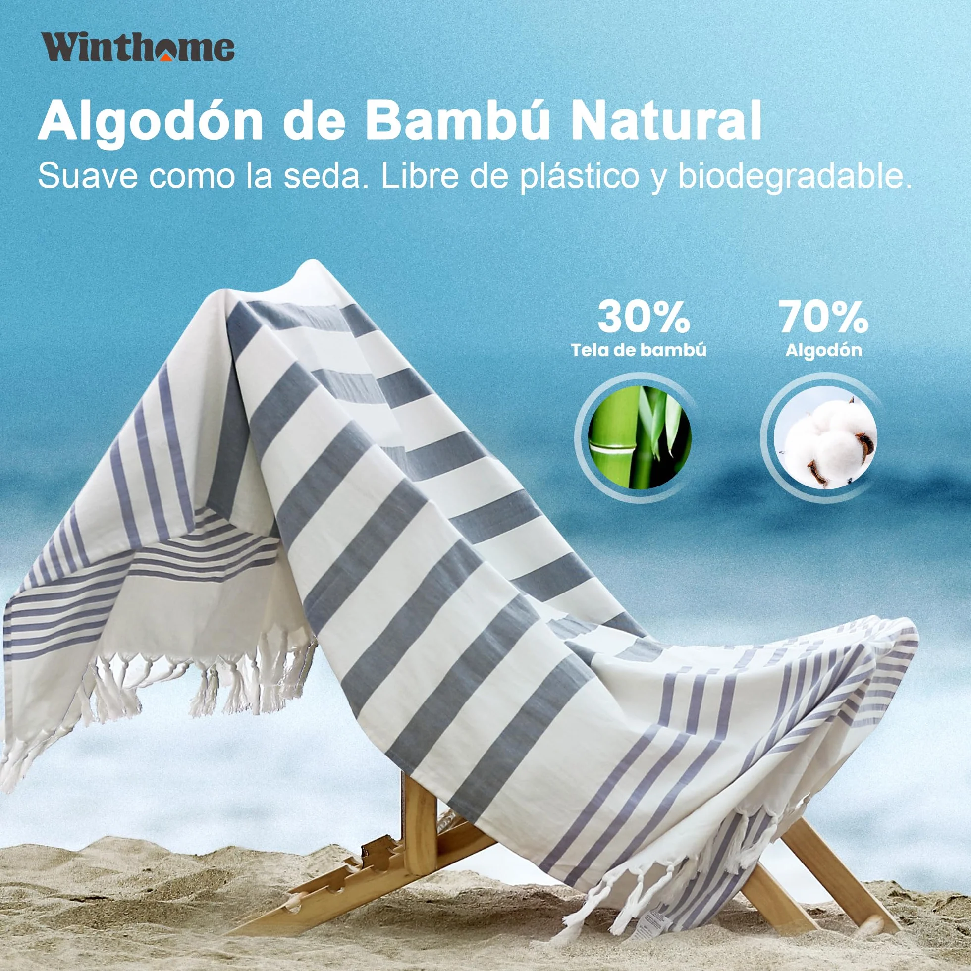 Winthome Toalla Playa Suave-Toalla Hammam de Algodón de Bambú, Ligero Ahorra Espacio, Toalla de Baño Turco con Borlas Absorbente, Libre de Arena, para Mujer Hombre Niños (150x75cm,1 Pack)