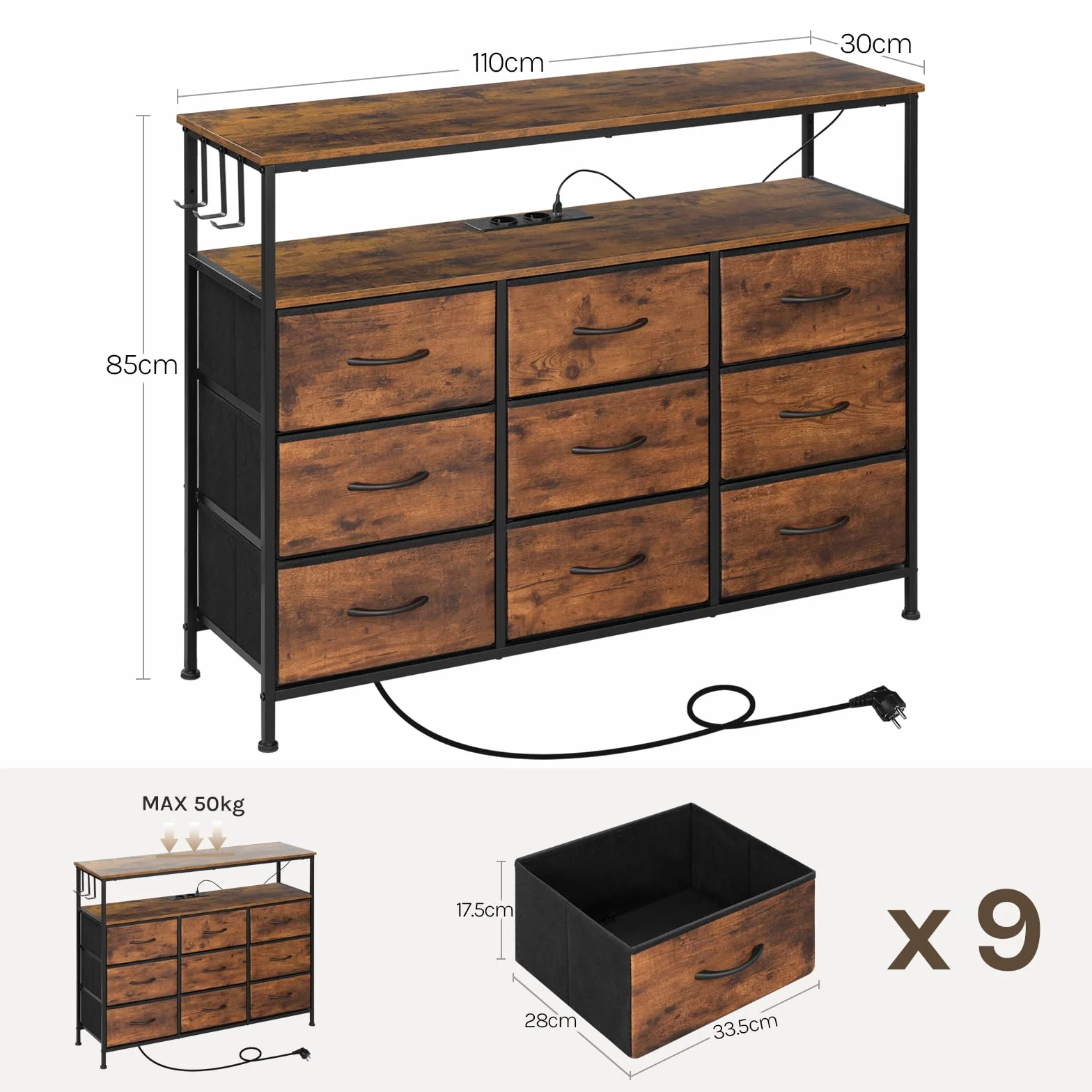 WOLTU Cómoda de 9 Cajones de Tela, Cómoda con Enchufes y Luz LED, 3 Ganchos, Cajonera de Almacenaje para Salon Oficina y Dormitorio, Marco de Metal, 110x30x83,5 cm, Marrón Rústico+Negro
