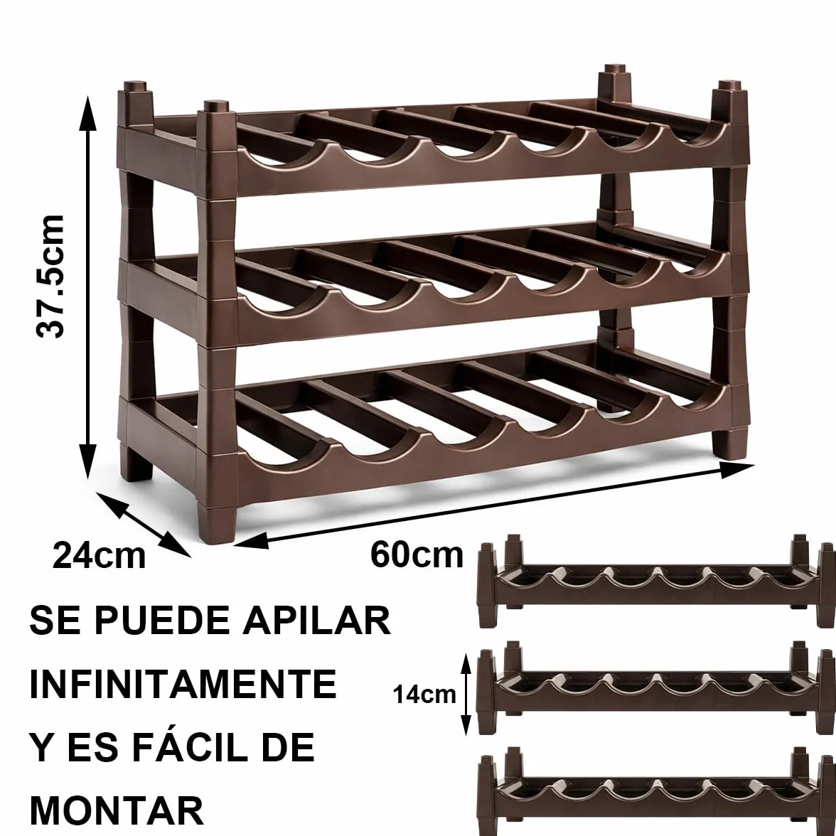 Ichigo Ichie Botellero de Plástico Apilable de 3 Niveles para 18 Botellas, Estanterías para Botellas de Vino, Estante de Almacenamiento para Exhibición de Vinos, Ideal para Hogar, Bar y Bodegas