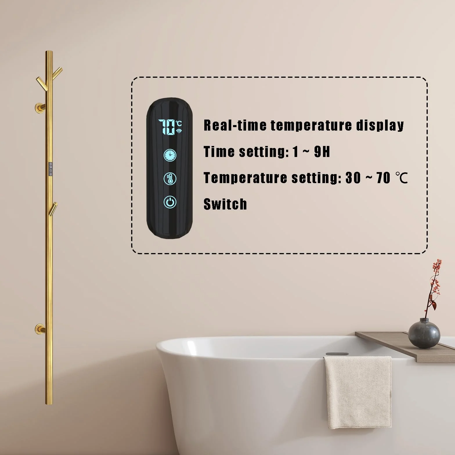 ESOP Radiador Toallero Eléctrico Baño Oro 40 W Radiador Calienta Toallas de Toallero, 1525 mm WiFi Inteligente de Temperatura Constante Toallero Calentado para Baño, con 3 Ganchos