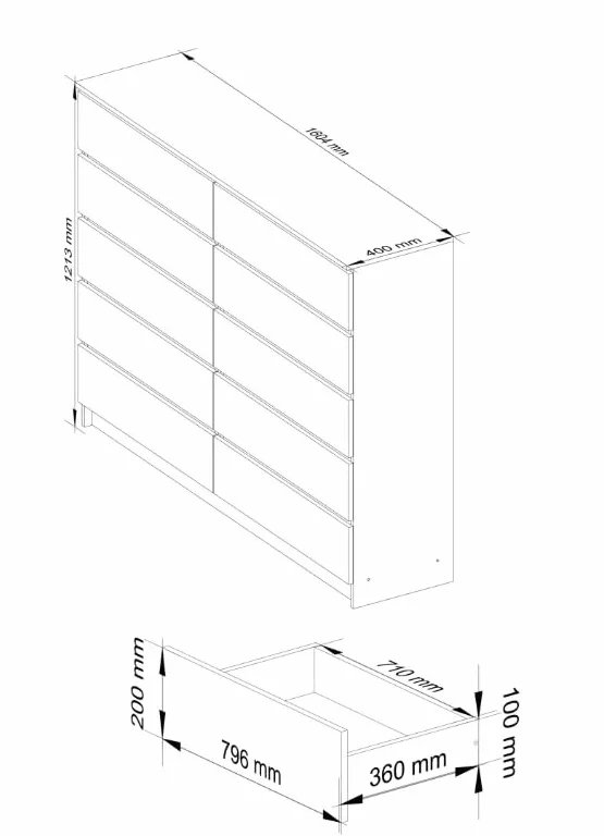 BDW: Cómoda con 10 cajones, cómoda K160, aparador, Muebles para salón, Dormitorio y recibidor, Armario de Oficina, Material Robusto y diseño Moderno - 160x40x121 cm, Blanco/Gris