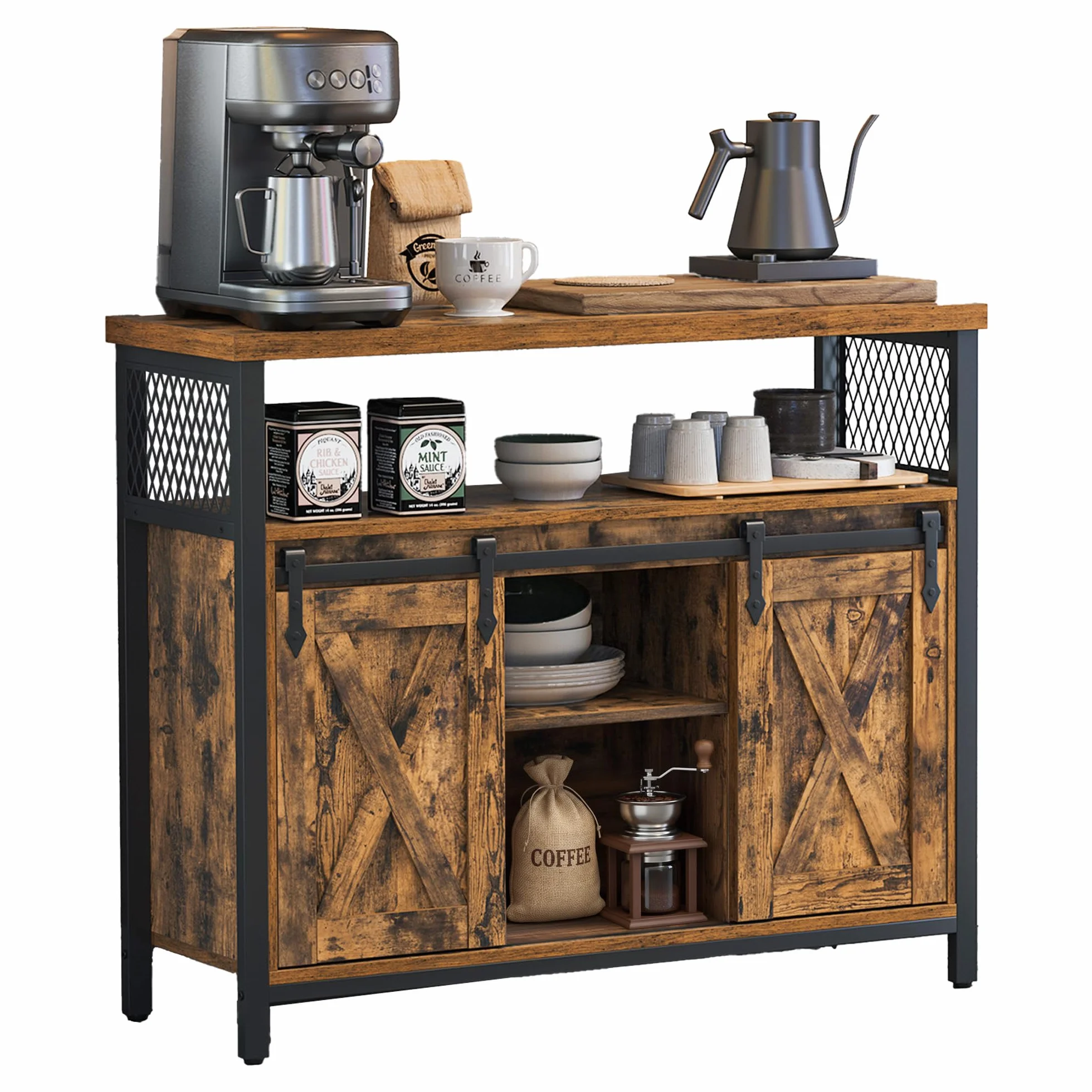 VASAGLE Aparador, Armario de Cocina, Armario de Almacenamiento, con 2 Puertas Correderas, 33 x 100 x 80 cm, Estantes Ajustables, para Salón, Marrón Rústico y Negro Tinta LSC092B01