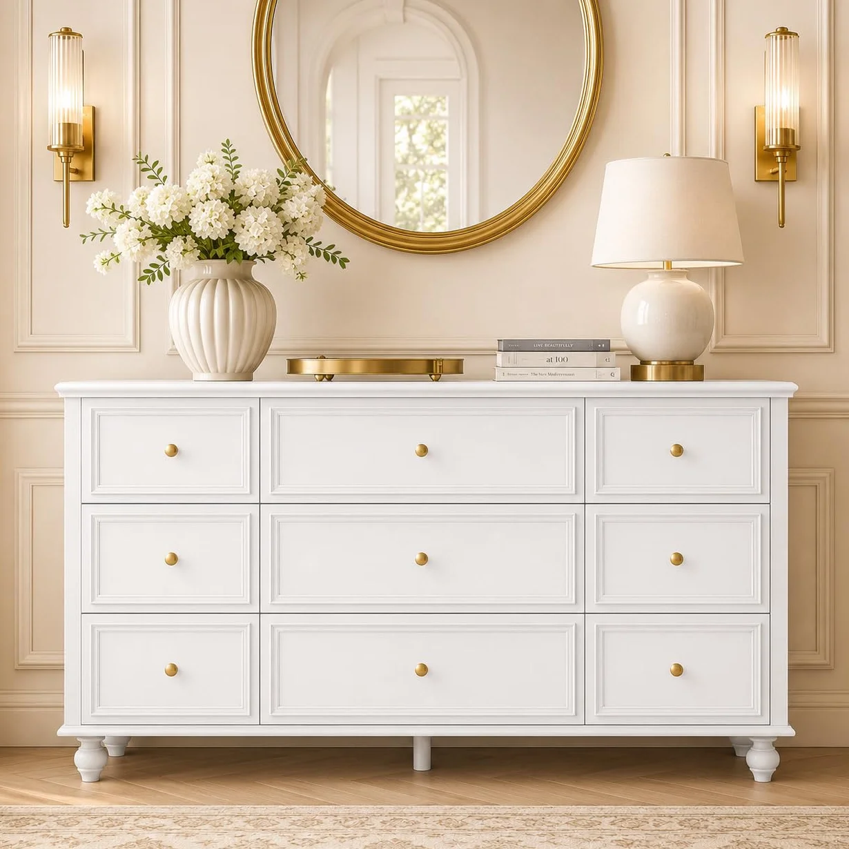 Aparador de sala de estar, cómoda con 9 cajones, mueble de almacenamiento versátil para pasillo, dormitorio y sala de estar, blanco, asas doradas, MDF, 160 × 40 × 80 cm