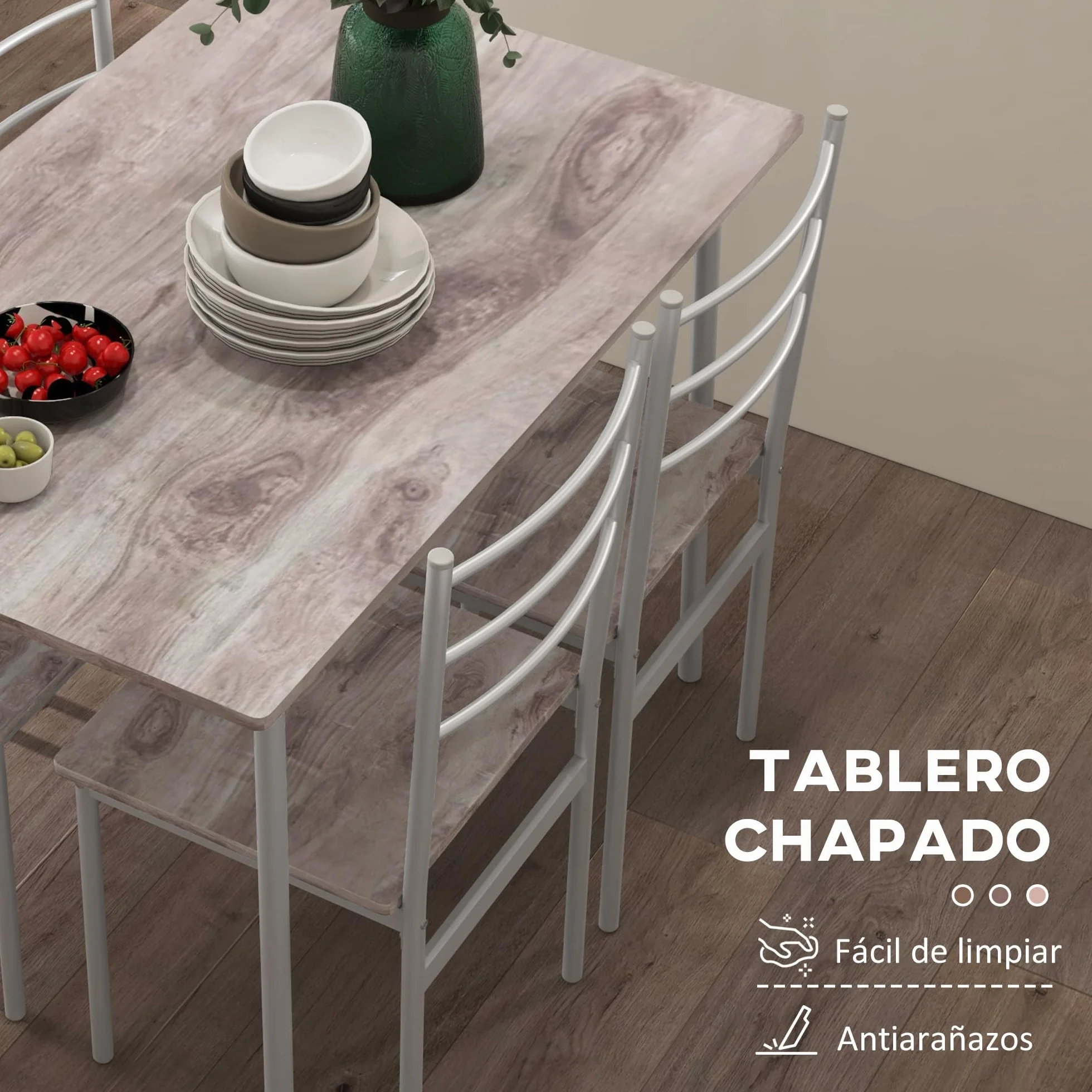 HOMCOM Conjunto de Comedor 5 Piezas Juego de 1 Mesa y 4 Sillas con Pies Acero para Cocina Restaurante 110x70x75 cm Madera Natural y Blanco