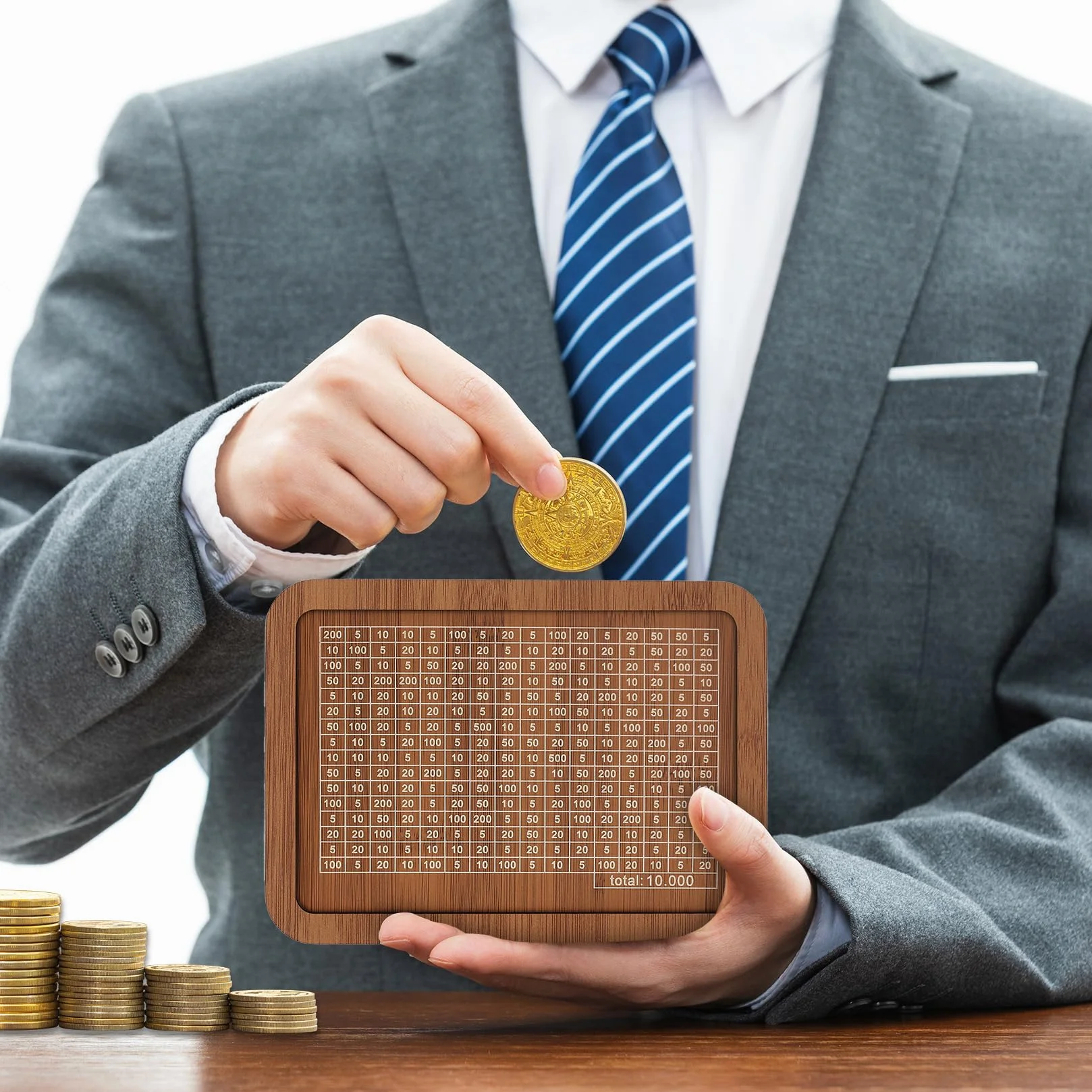 Hucha de madera, hucha de madera, con contador, banco para billetes, monedas con objetivo de ahorro y cifras, reutilizable para niños, Sparziel 10000