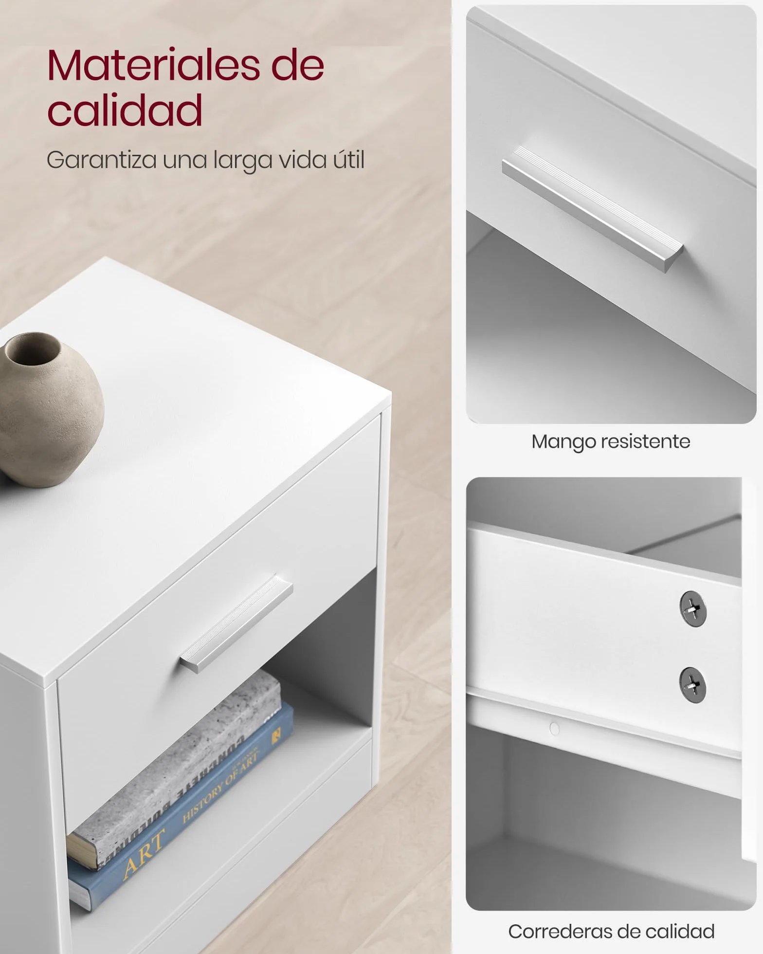 VASAGLE Mesita de Noche, Mesa Auxiliar con Cajón, Asa, Compartimento Abierto, para Dormitorio, Salón, Blanco Nube LET619T14