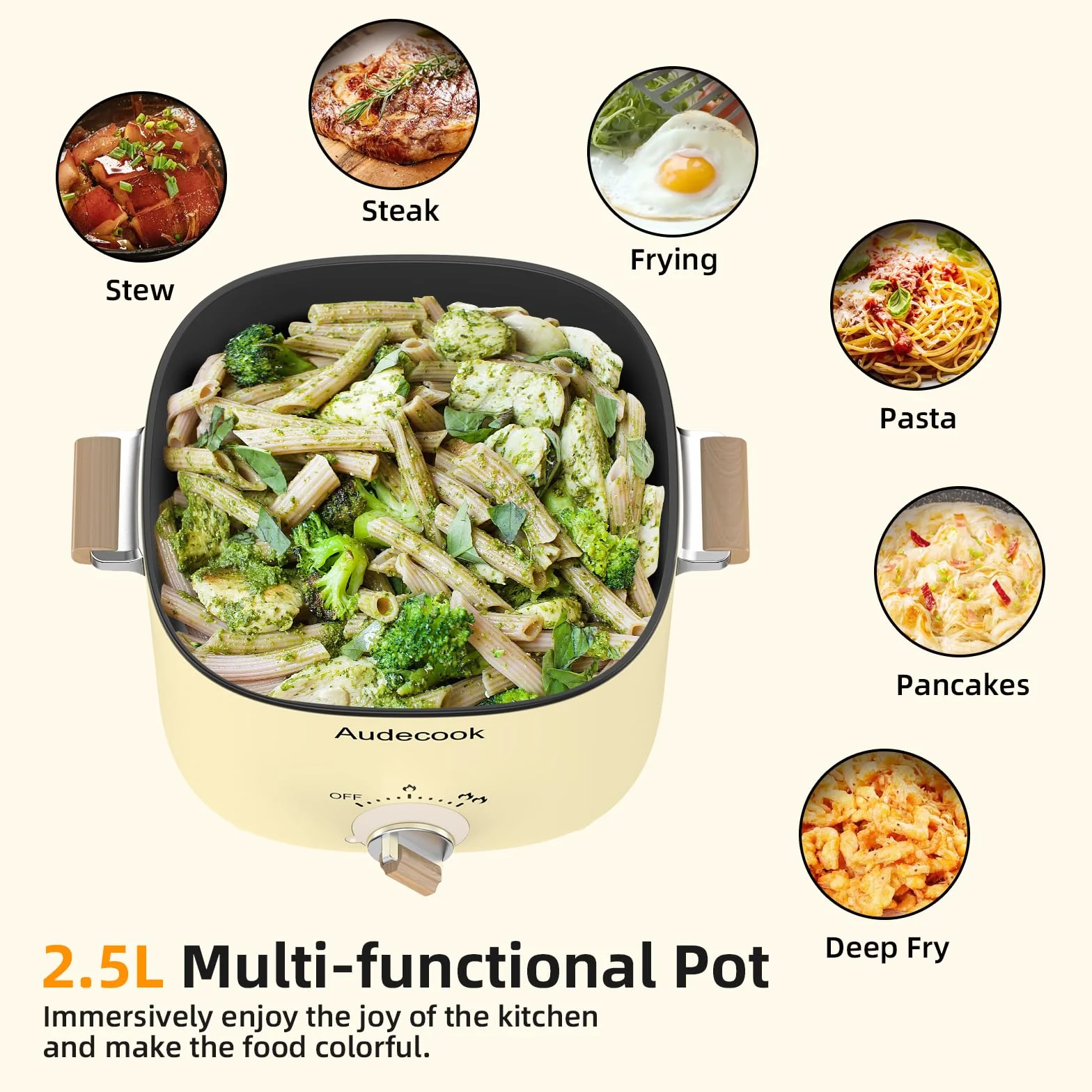 Audecook Olla Eléctrica 2.5L Portátil Mini Antiadherente Multicooker