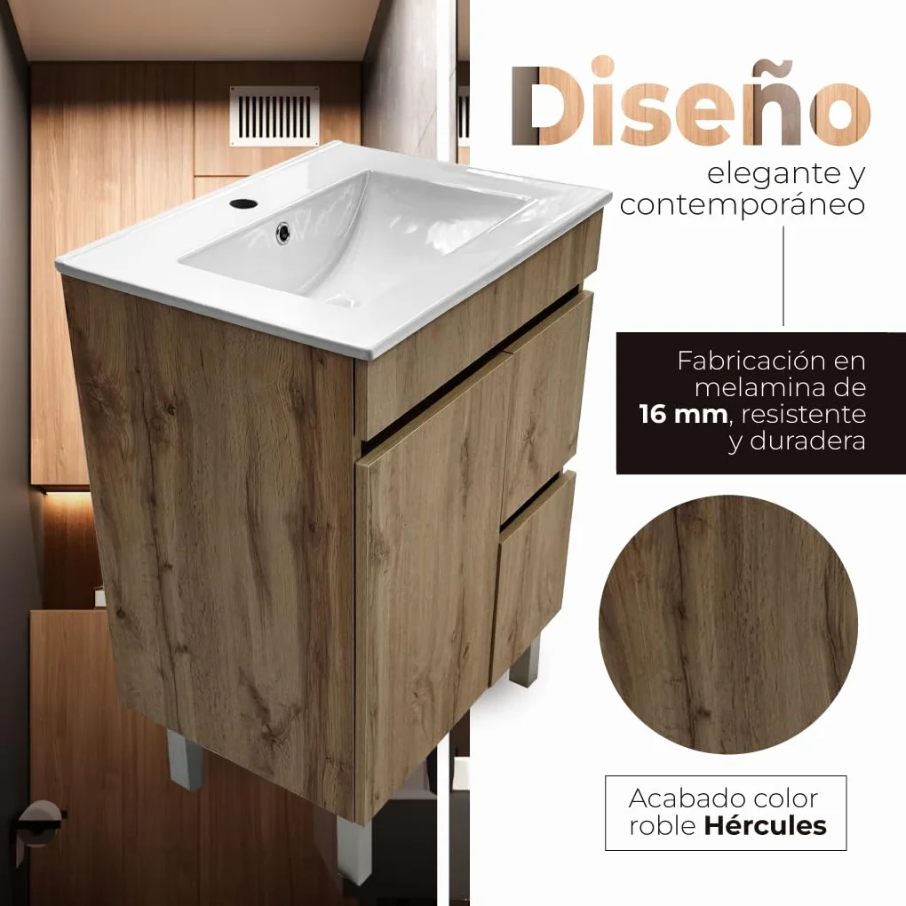 Juego Mueble Baño con Lavabo. Mueble Lavabo 60 cm. Mueble Bajo Lavabo Compacto Preinstalado de Fábrica. Mueble Baño con Lavabo 60 cm con Pie de Porcelana. No Incluye Espejo.