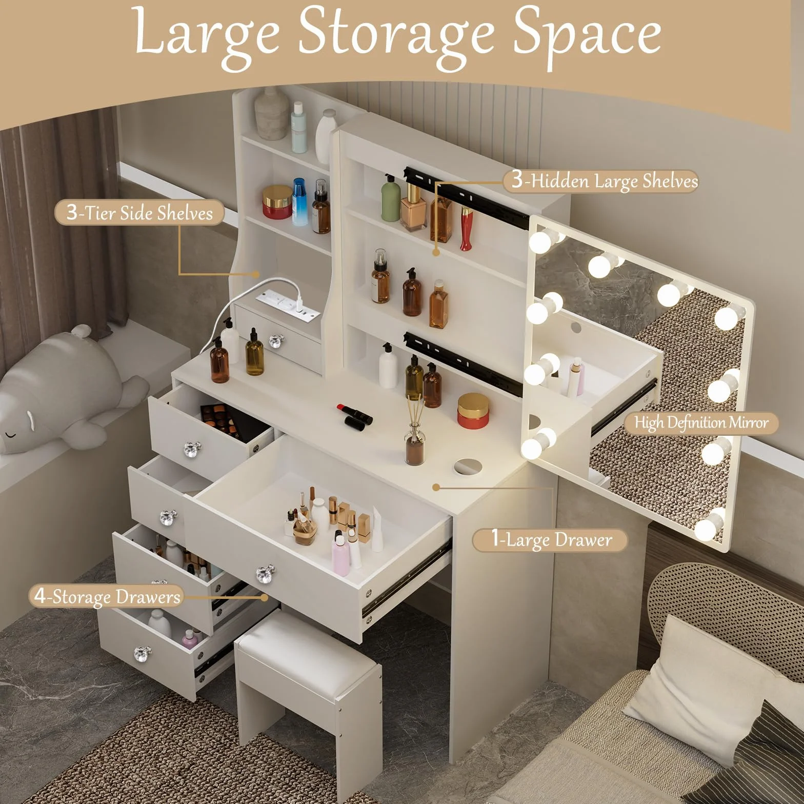 Tocador con Hollywood LED y Espejo, Mesa de Maquillaje con 5 Cajones Grandes y 1 Taburete, 3 Temperaturas de Color y Brillo Ajustable, Blanco, 131x80x36 cm