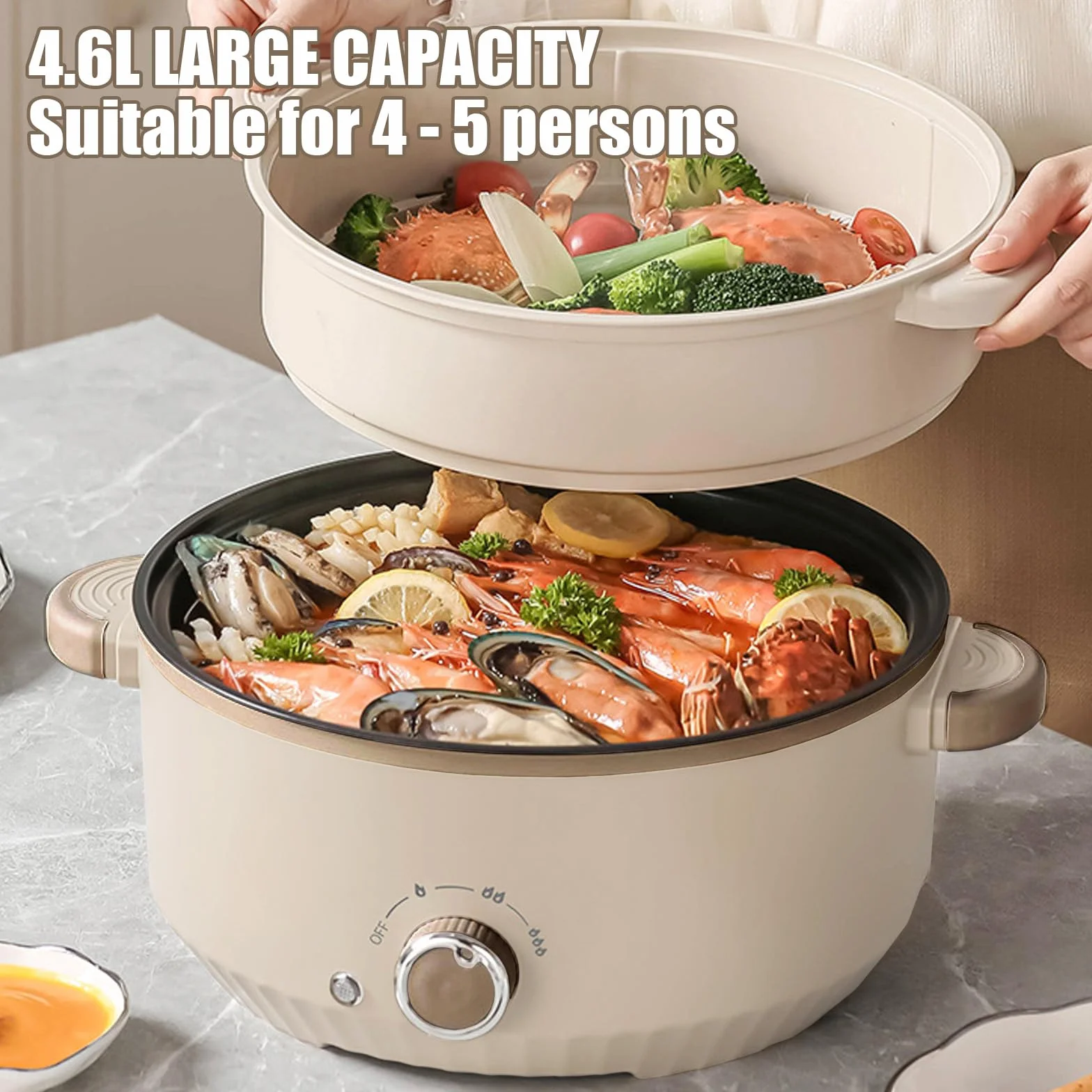 Olla Eléctrica Multifuncional 4,6L 1000W Hot Pot con Vaporera 3 Niveles