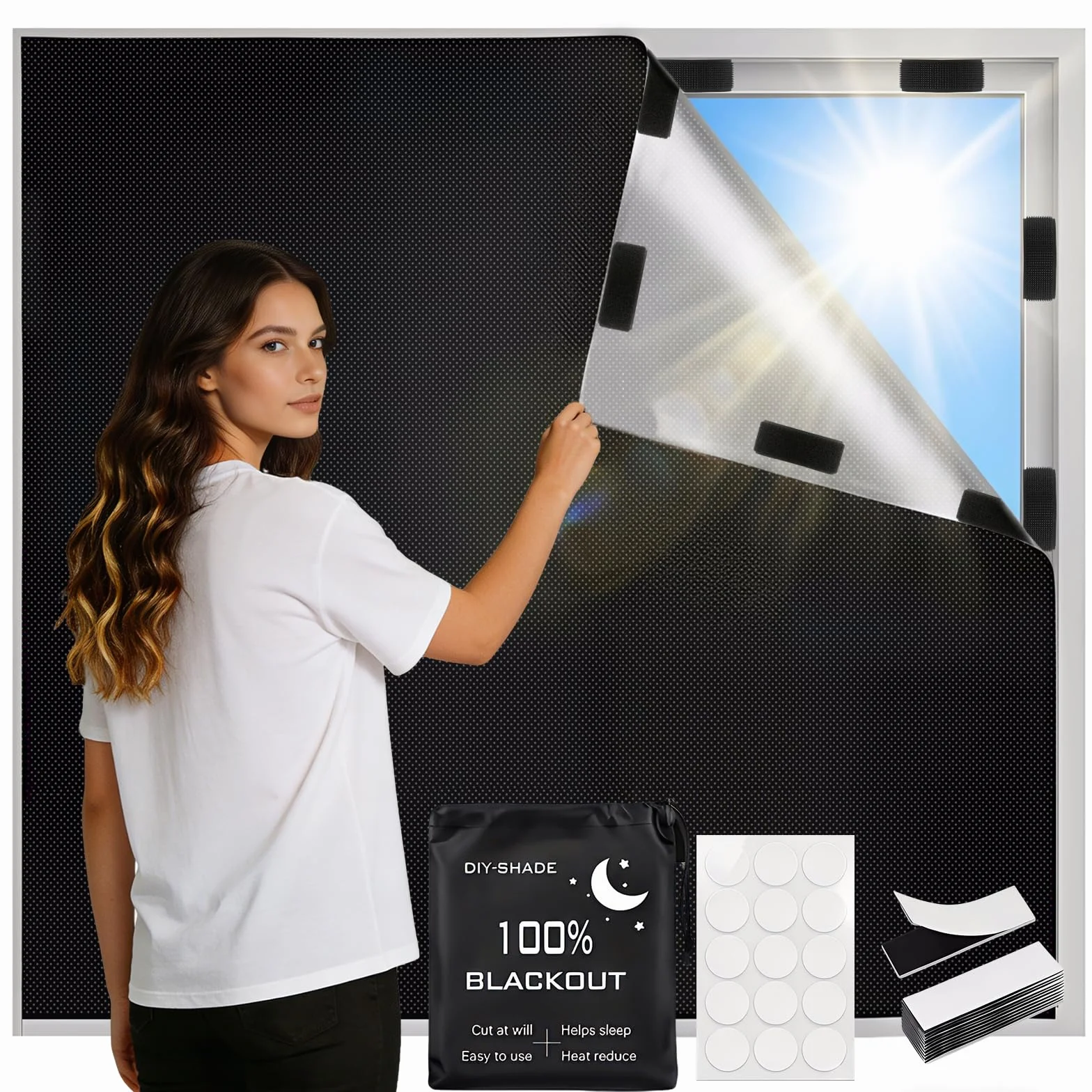 Estores Opacos sin Taladrar 300x145cm Tela Oscurecedora Protección Solar Blackout Portátil