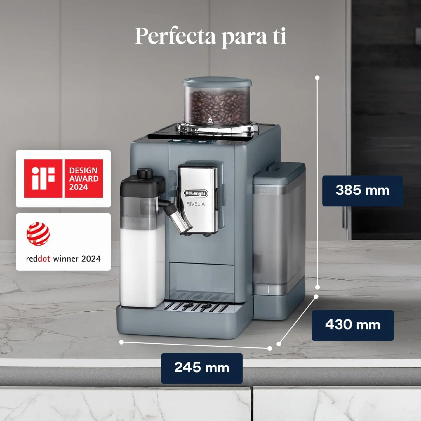 De’Longhi Cafetera Superautomática Rivelia LatteCrema 16 Bebidas One-Touch Pantalla Táctil Depósitos de Granos Intercambiables Gris