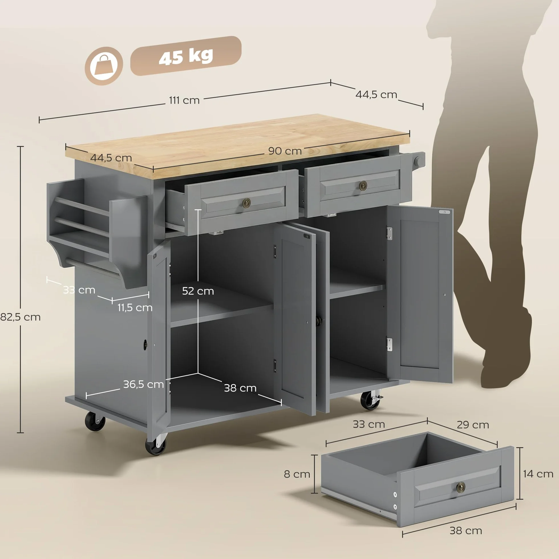 HOMCOM Isla de Cocina con Ruedas Carro de Cocina con 2 Cajones 4 Puertas Especiero Encimera de Madera Estante Ajustable y Barra Lateral para Comedor 111x44,5x82,5 cm Gris