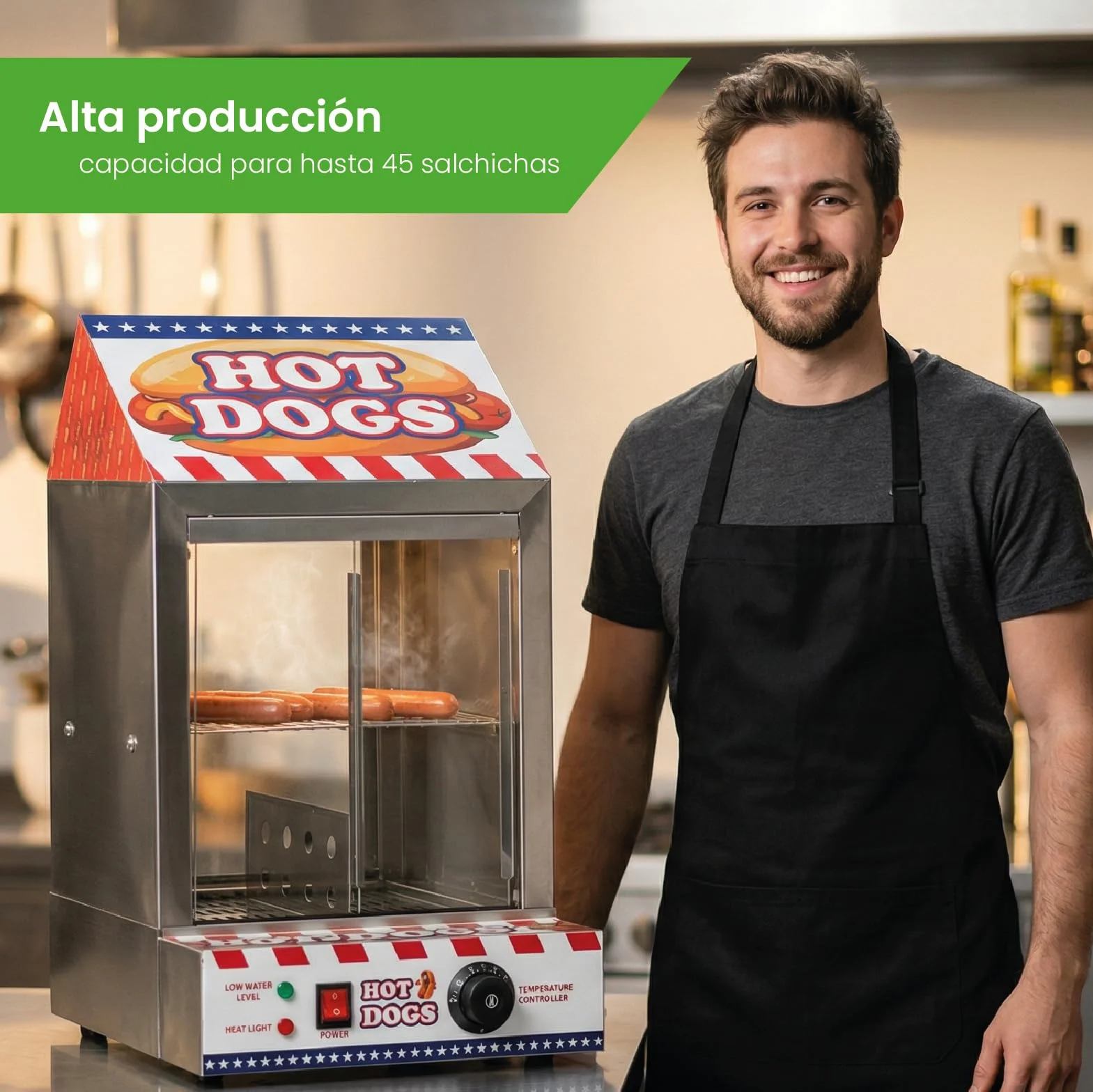 Máquina de Hot Dogs Acero Inoxidable 200 Salchichas 50 Panecillos Bandejas Extraíbles Válvula Drenaje