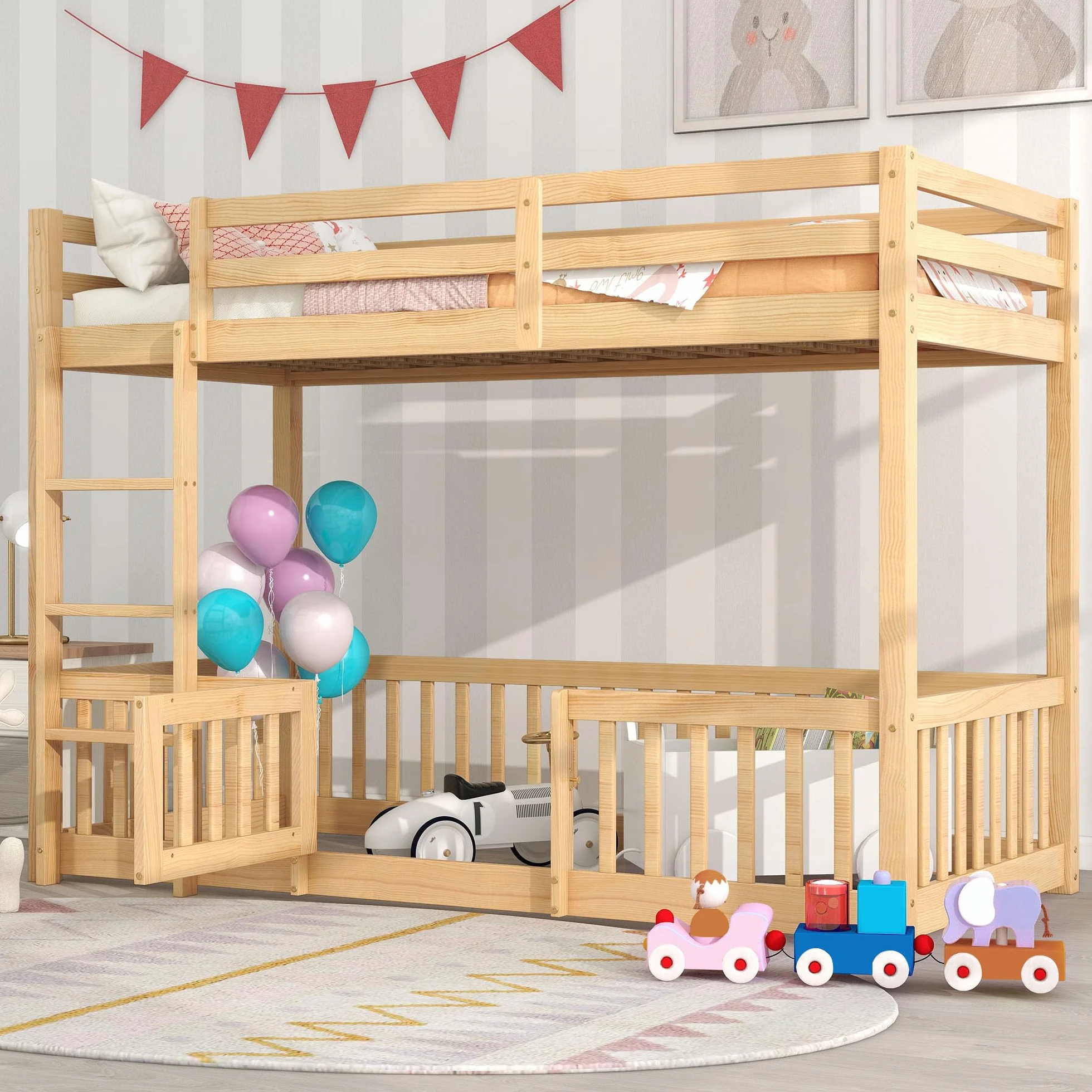 Lubvtti Litera Infantil 90 x 200 cm,Cama para niños con protección anticaídas y barandilla,Estructura Cama 90x200,Cama Superior con somier de láminas, Natural