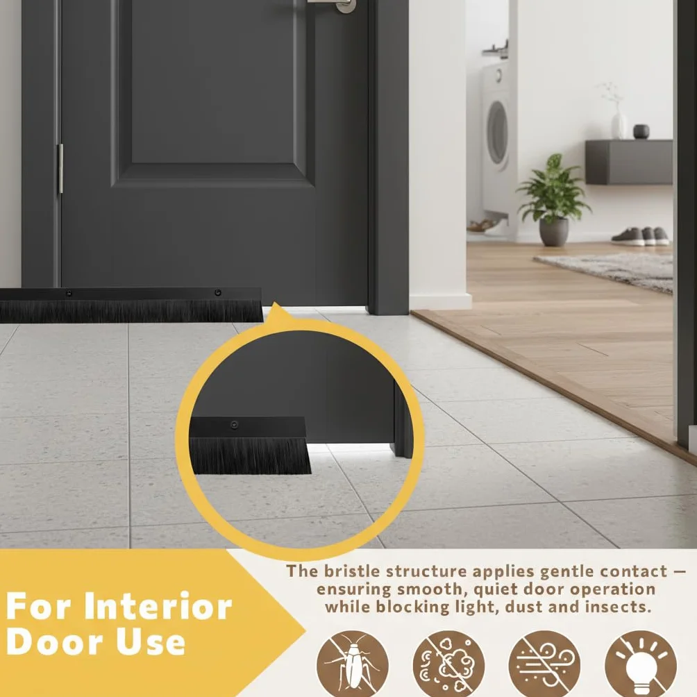 Burlete de Cepillo para Puertas - Marco de Aluminio Negro, Retsun Burlete de Pelo Antipolvo e Intemperie, para Puerta de Entrada, Garaje e Interior