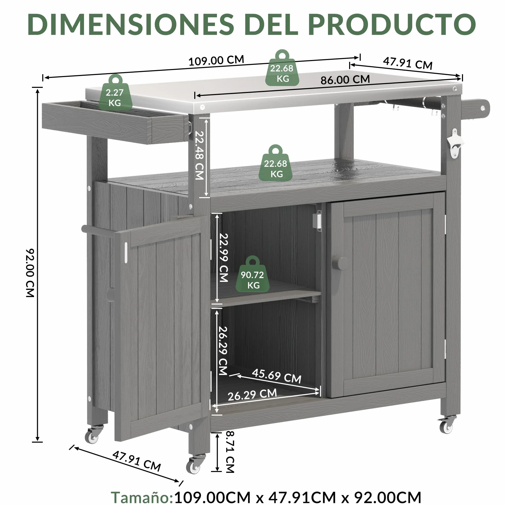 Isla de Cocina Exterior HIPS Impermeable con Top de Acero Inoxidable & Armario de Almacenamiento, Mesa de Preparación Móvil con Ruedas para Preparar Comida BBQ, Carrito de Grill Exterior para Fiestas