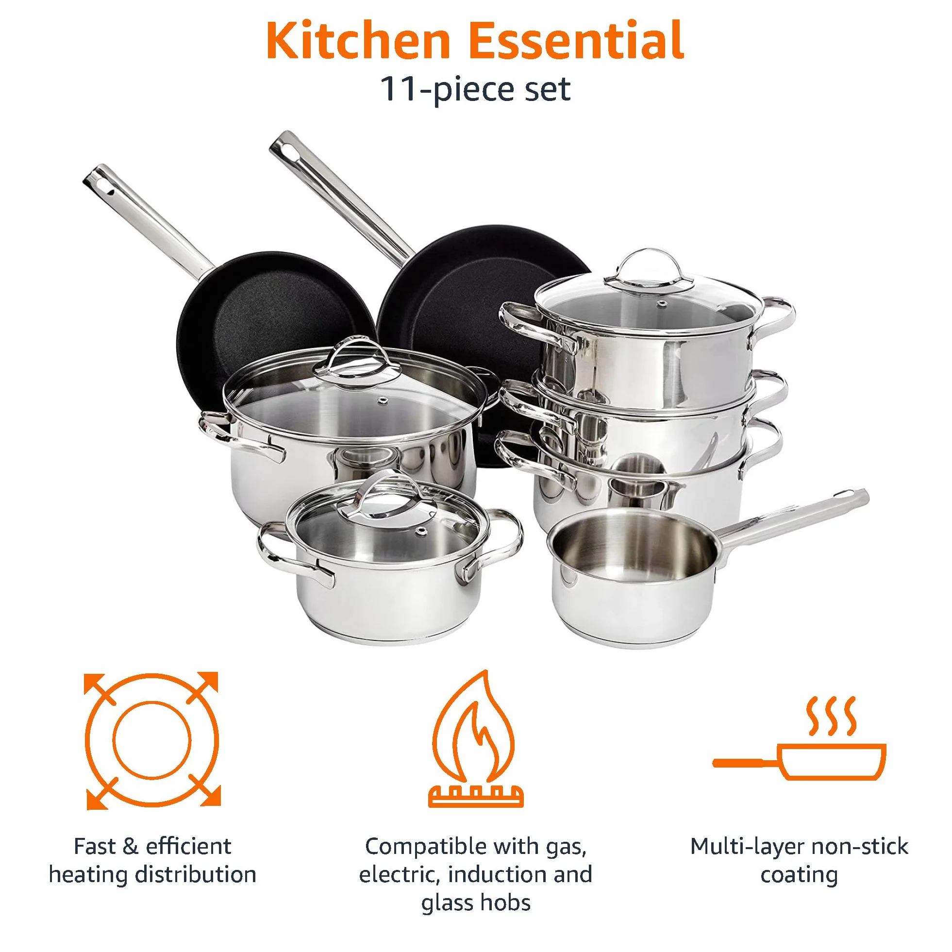 Amazon Basics Juego de Sartenes y Ollas 11 Piezas Acero Inoxidable Inducción Plateado