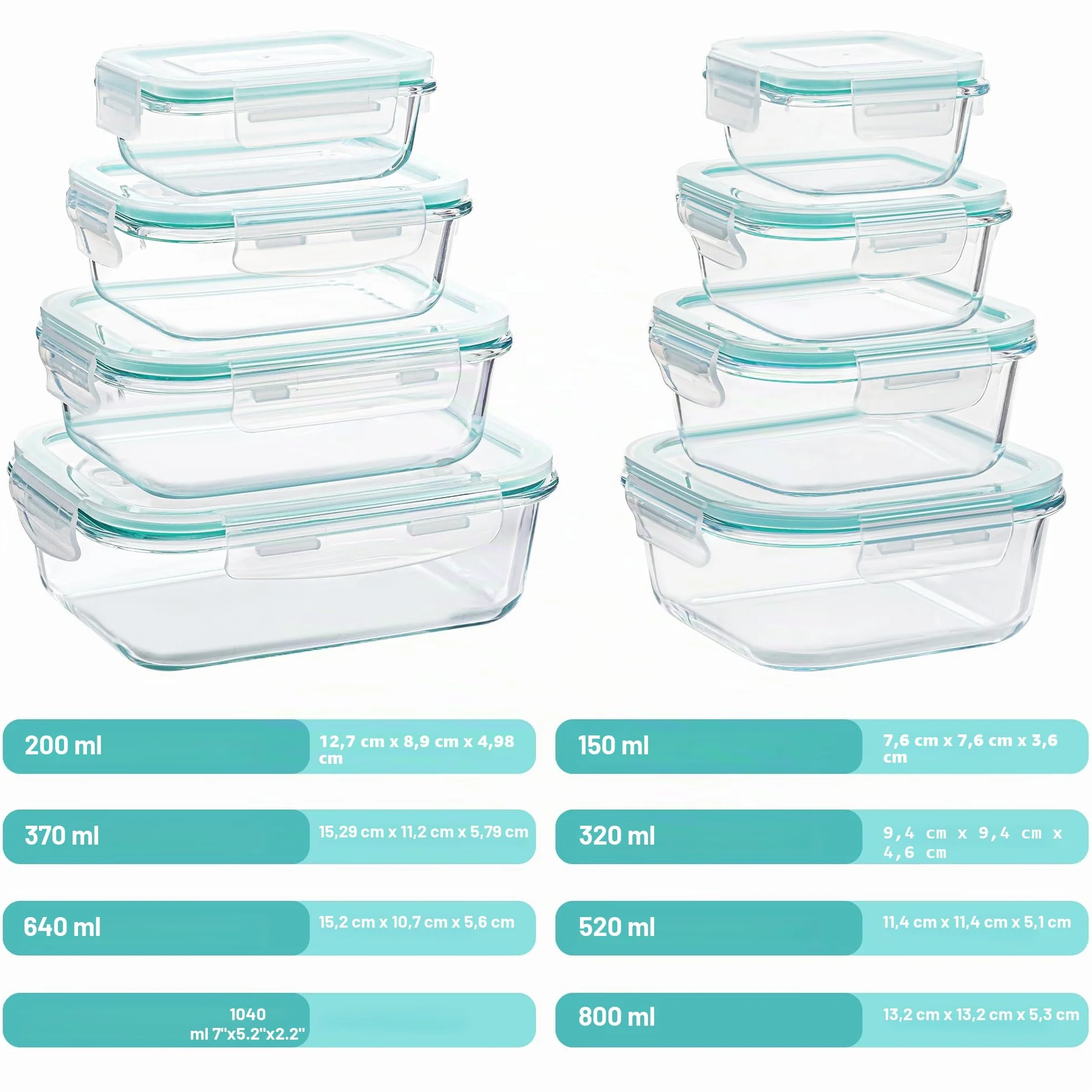 Vtopmart Set de 8 Recipientes de Cristal para Alimentos, Herméticos, Apto Lavavajillas y Microondas