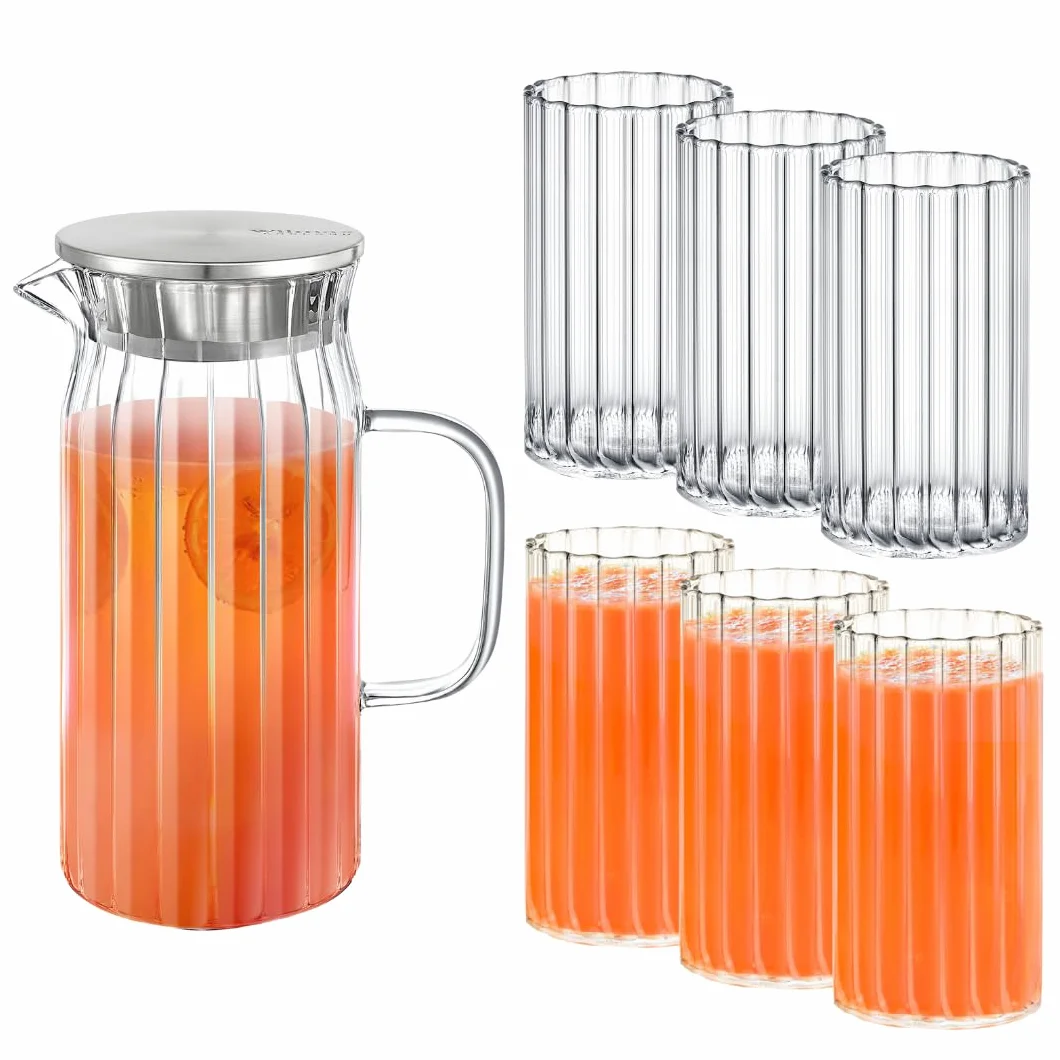 Wilmax - Jarra de cristal de 1 litro con 6 vasos de agua de 250 ml, tapa de acero inoxidable, jarra de agua de cristal estriado, jarra de agua para zumo, agua, té helado, leche, jarra de cristal