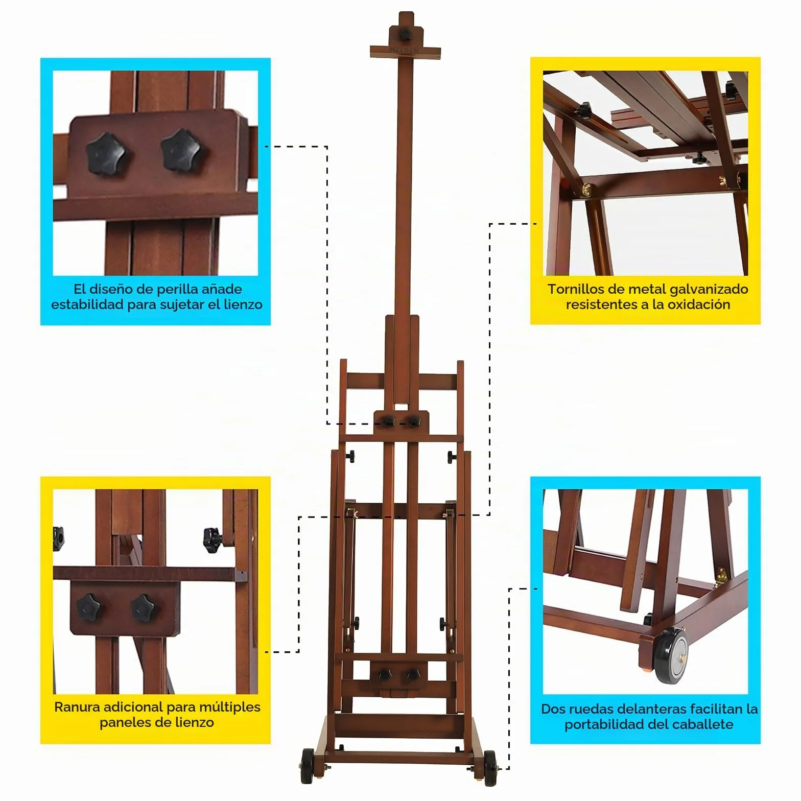 MEEDEN Caballete de Estudio con Marco en H - Caballete de Arte de Madera de Haya Ajustable, Soporte para Caballete de Piso de Pintura, móvil e inclinable Disponible, soporta Lienzo de hasta 77”