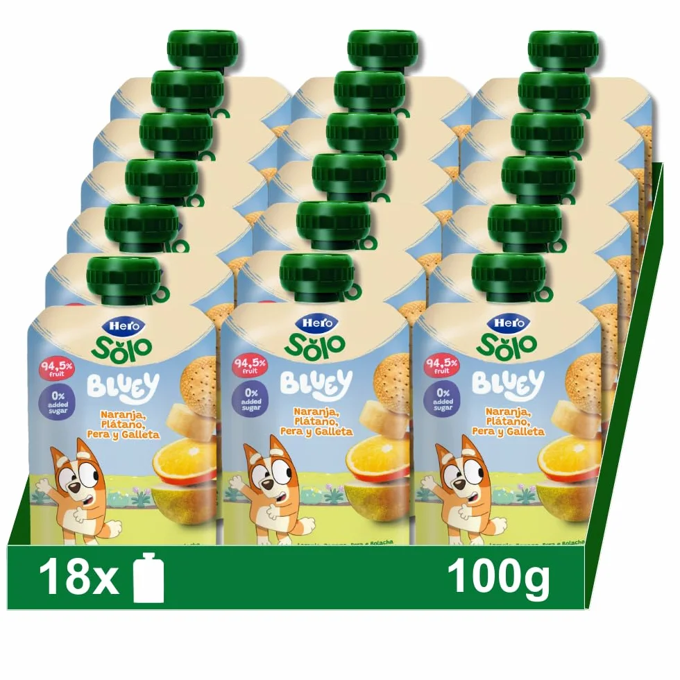 Hero Solo Mi Fruta Bolsita de Fruta con Naranja, Plátano, Pera y Galleta, Pack 18 x 100 g