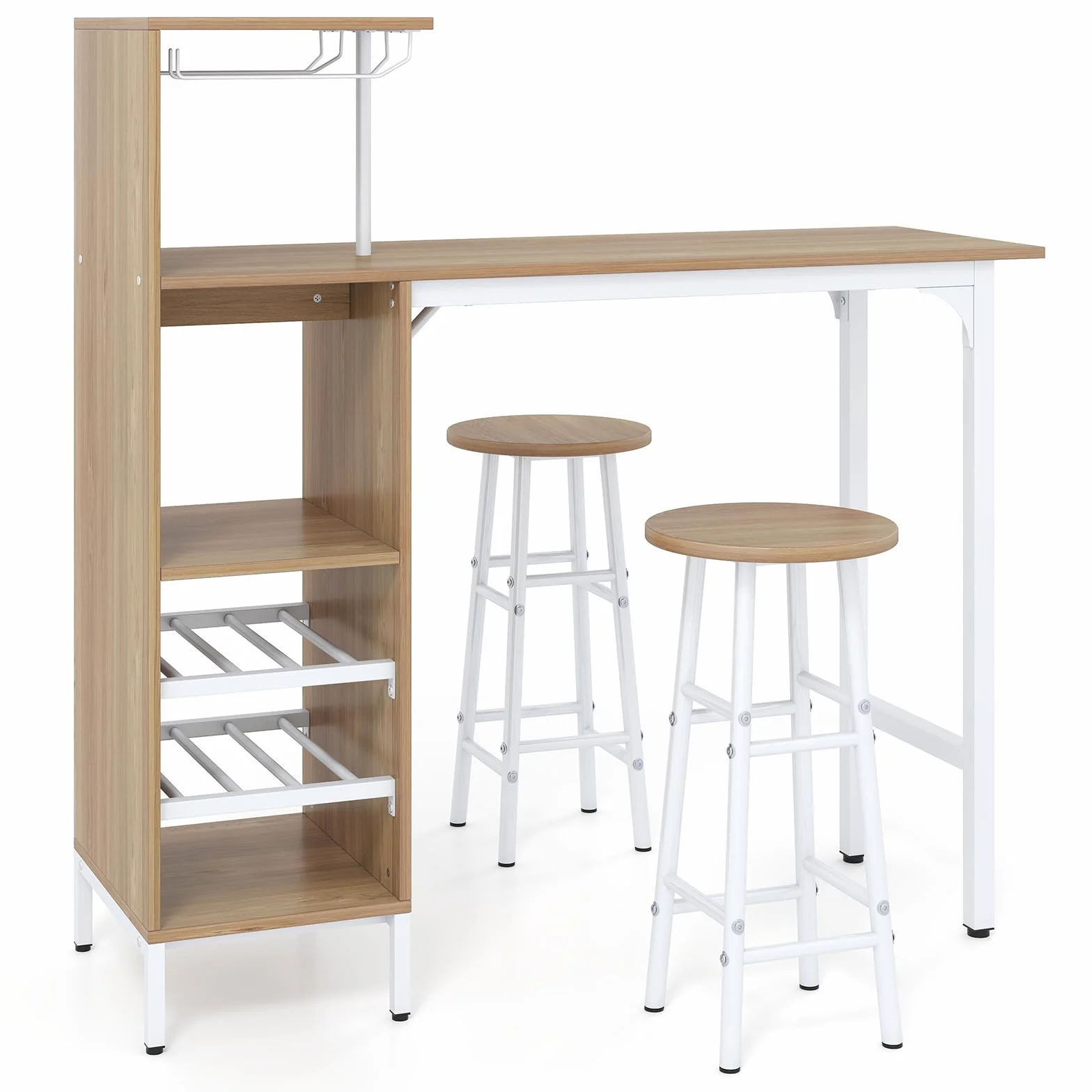 COSTWAY Juego de 3 Piezas Mesa y Sillas de Bar, Mesa y Taburetes Industriales con Soportes para Copas de Vino y Estantes para 6 Botellas de Vino, Juego de Mesa para Comedor Cocina (Natural)