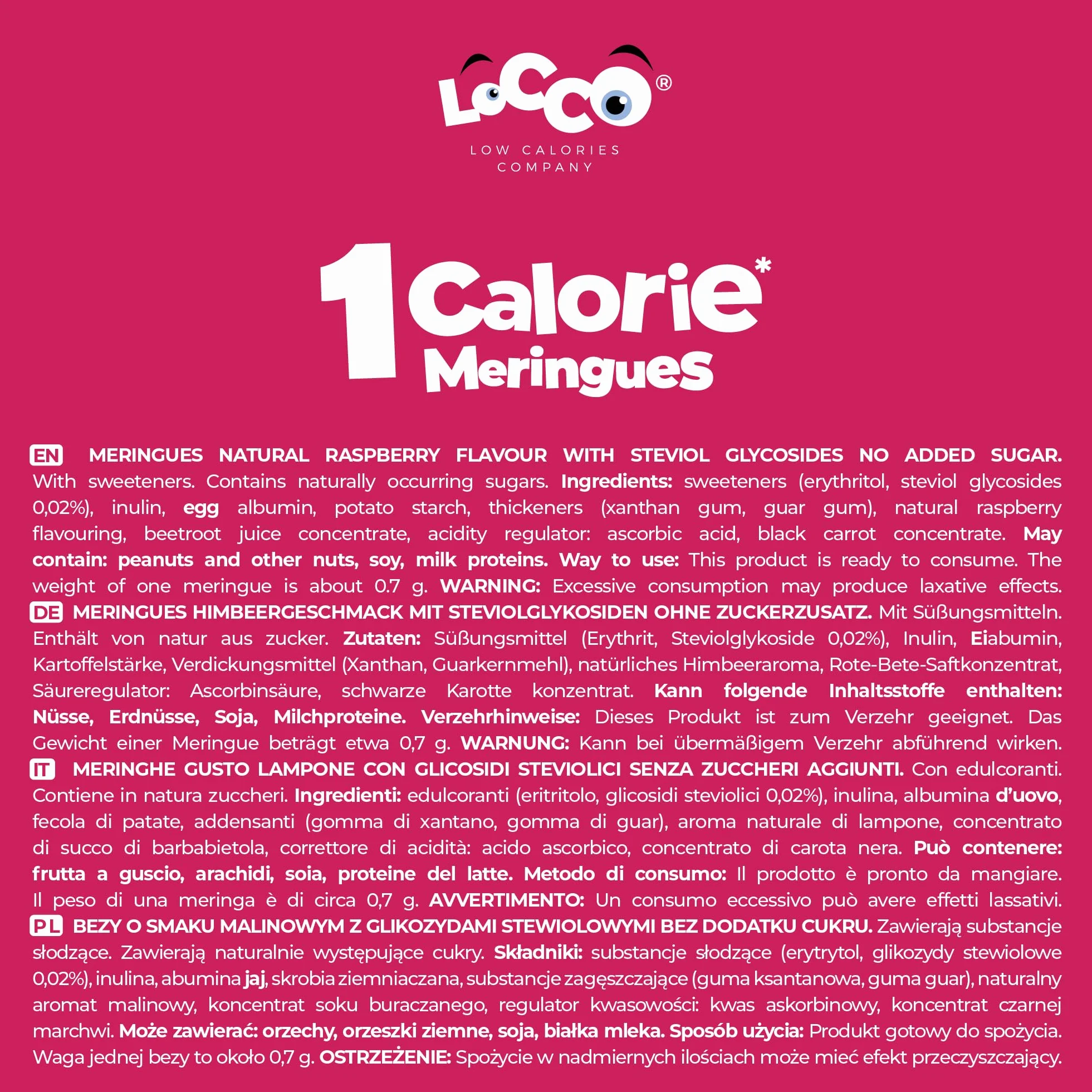 LoCCo Merengues Sin Azúcar Frambuesa Snack Keto Bajo en Calorías con Stevia Low Carb Rico en Proteínas y Fibra