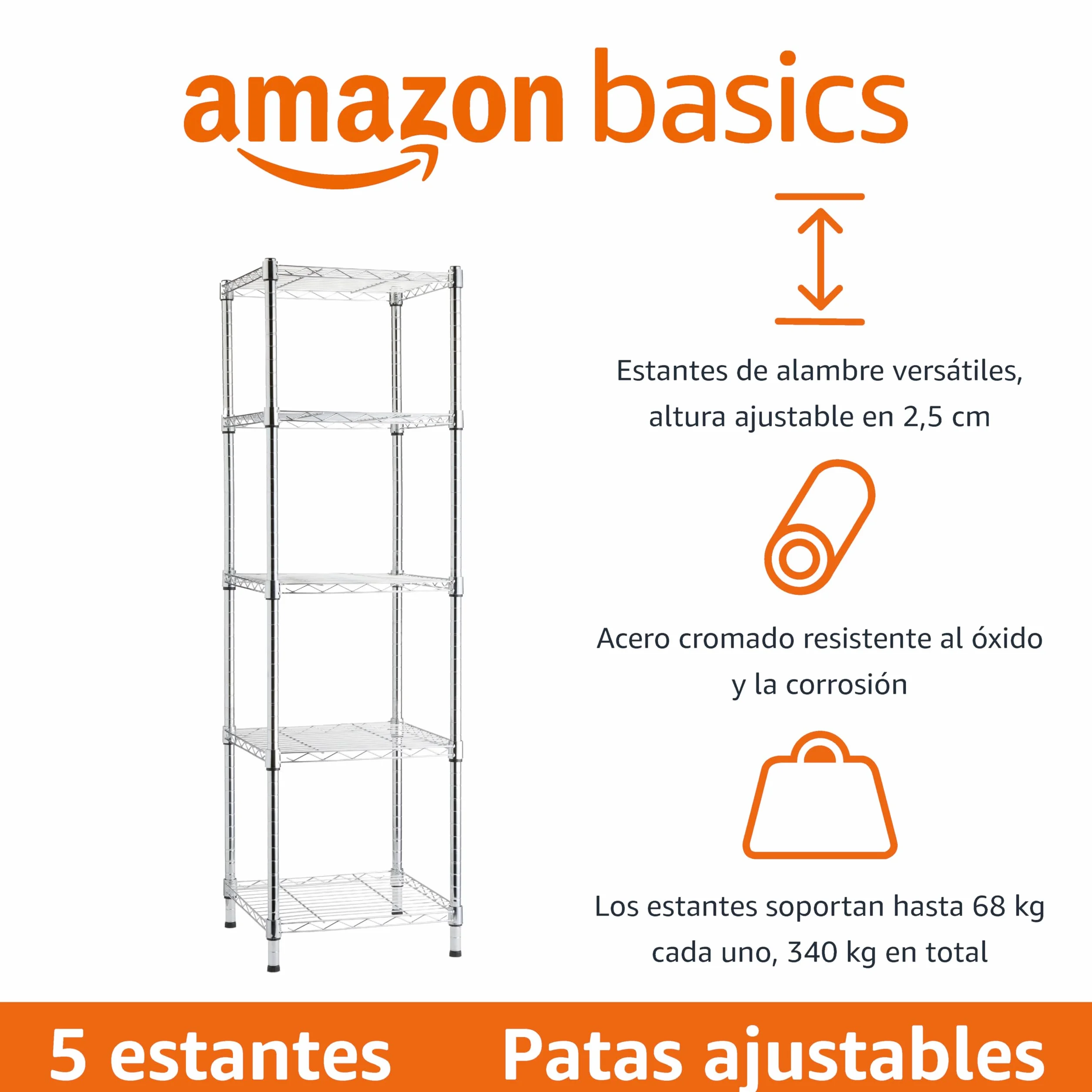Amazon Basics Estantería ajustable con 5 baldas, Cromado, 40.6 cm x 40.6 cm x 137 cm