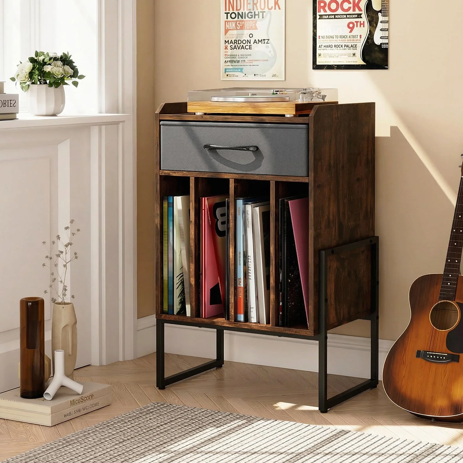 FANTASK Soporte para tocadiscos, estante para discos de vinilo con cajón de tela plegable, 4 compartimentos, hasta 160 álbumes, estilo vintage