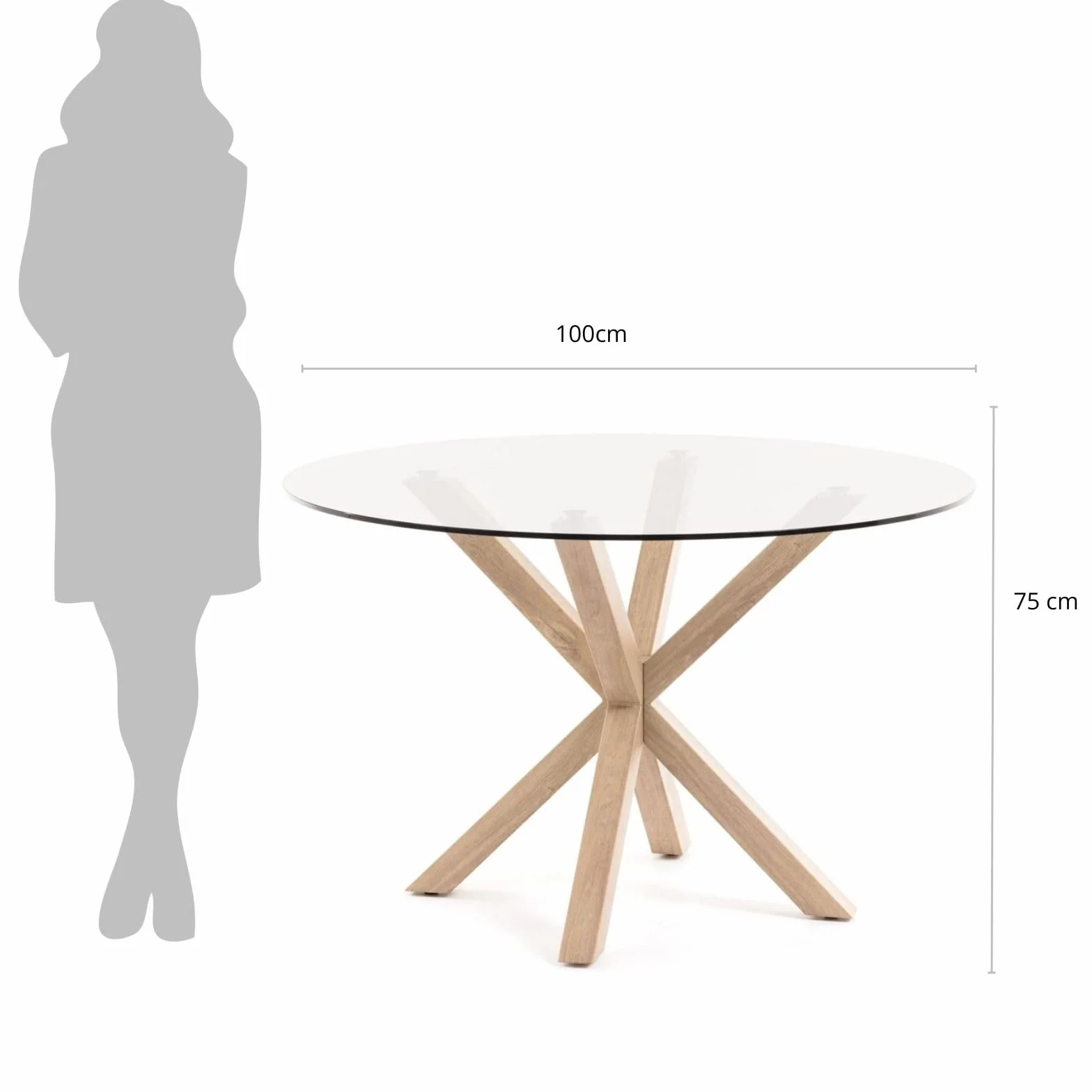 Mesa Redonda de Comedor de Cristal - Patas Metálicas Acabado Efecto Madera