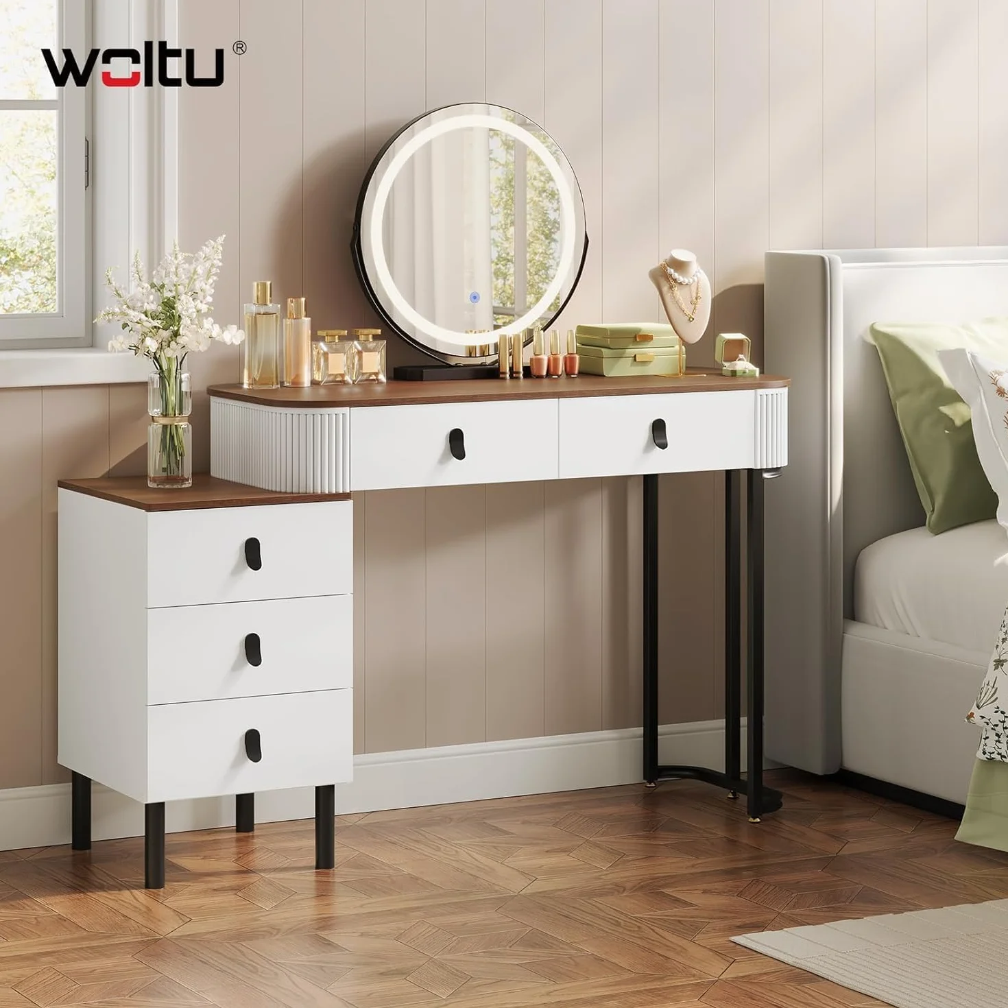 WOLTU Tocadores Maquillaje, Mesa tocador, con Espejo Redondo, Luz Regulable en 3 Niveles, Tocador con Cajonera de 5 Cajones, Marrón Naranja, MB6109hdob