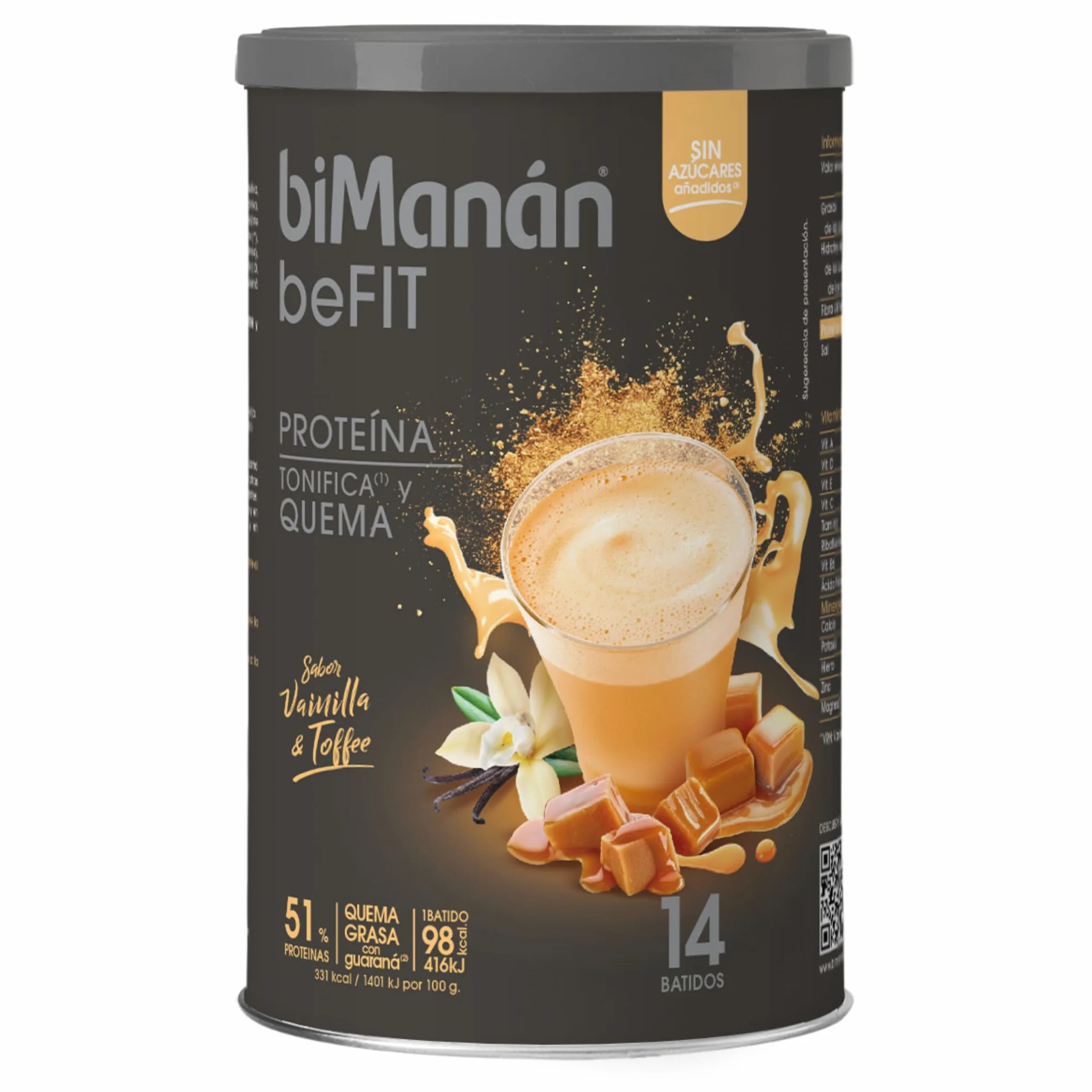 biManán Batido de Proteína Sabor Vainilla y Toffee 51% Proteína Guaraná Fibra Ácido Fólico Vitaminas Minerales 420g