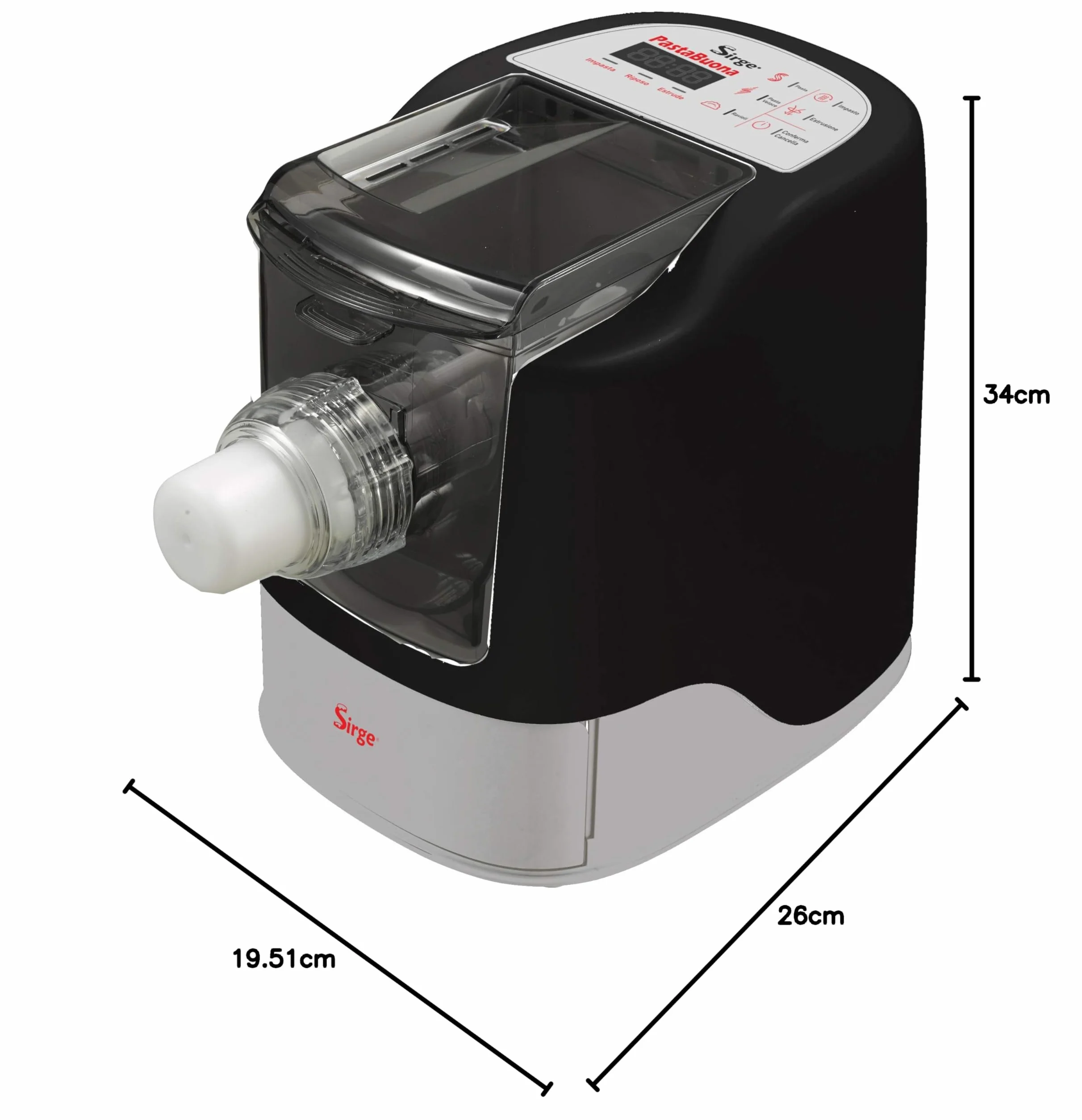 Sirge Pastabona Máquina para la Pasta 260 W – 13 Trafile – hasta 720 gr de pasta – Automática y también con Descanso – Incluye accesorio para pan/pizza/focas gratis