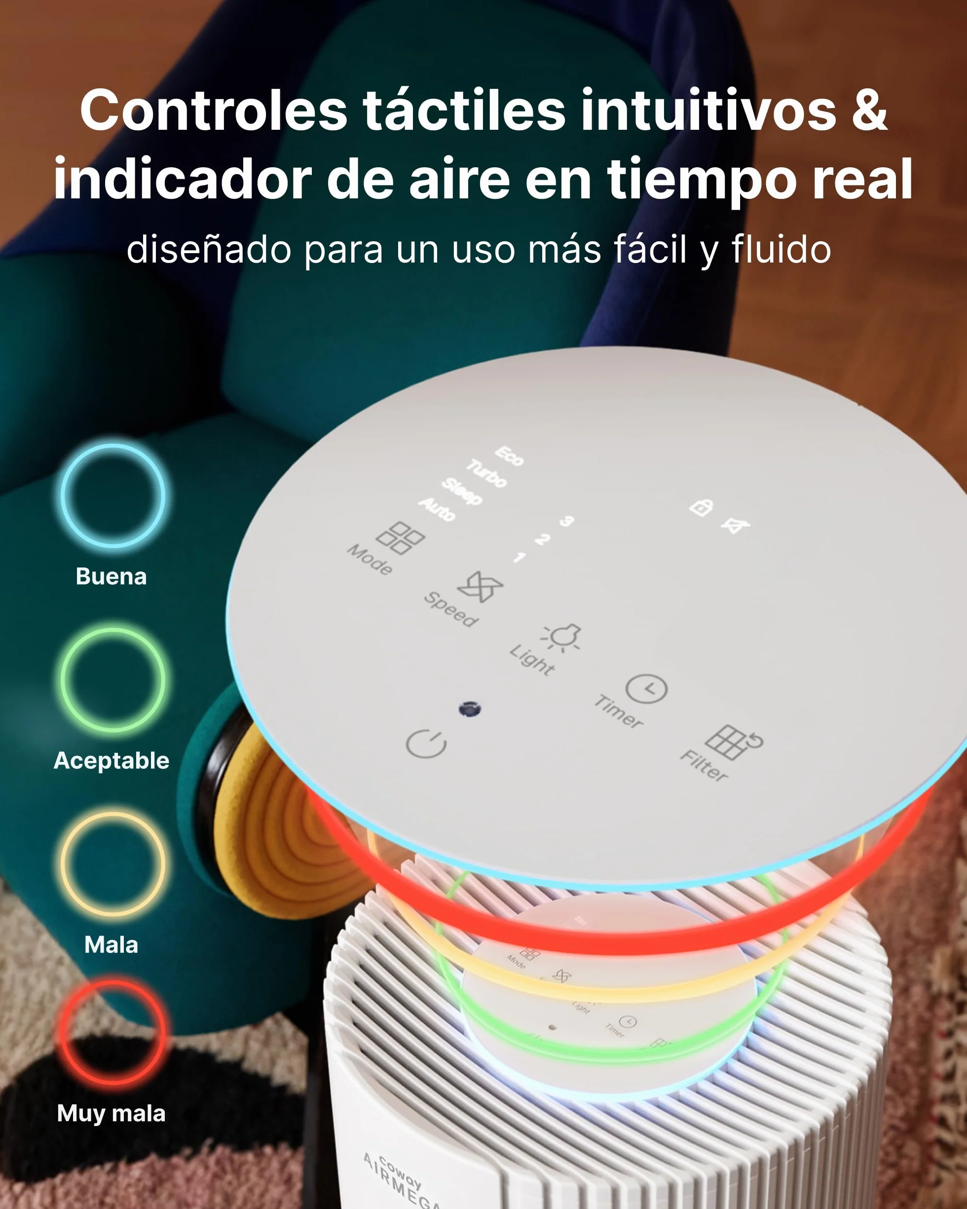 COWAY Purificador de aire para espacios grandes, CADR 713 m³/h, limpia 148 m² en 30 min, filtro HEPA para humo, alergias, pelo de mascotas, olores, sensor PM10, modo ahorro energético, AIRMEGA 350