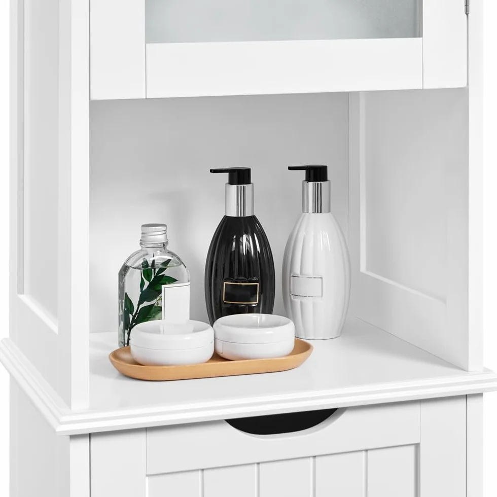 Yaheetech Armario Baño con Puerta de Cristal 40x30x170 cm Blanco