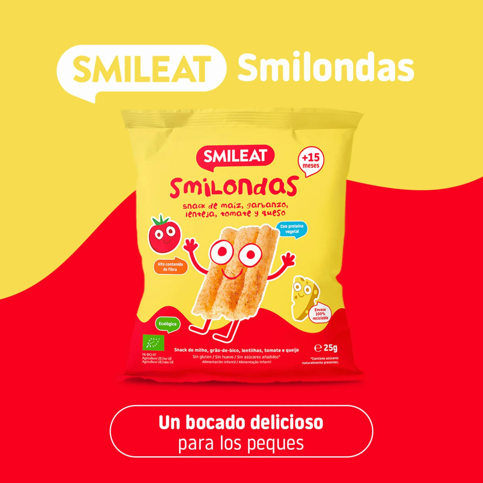 Smileat Smilondas Snack Ecológico Maíz Garbanzo Lenteja Tomate Queso Bebés 15 Meses Pack 7x25g