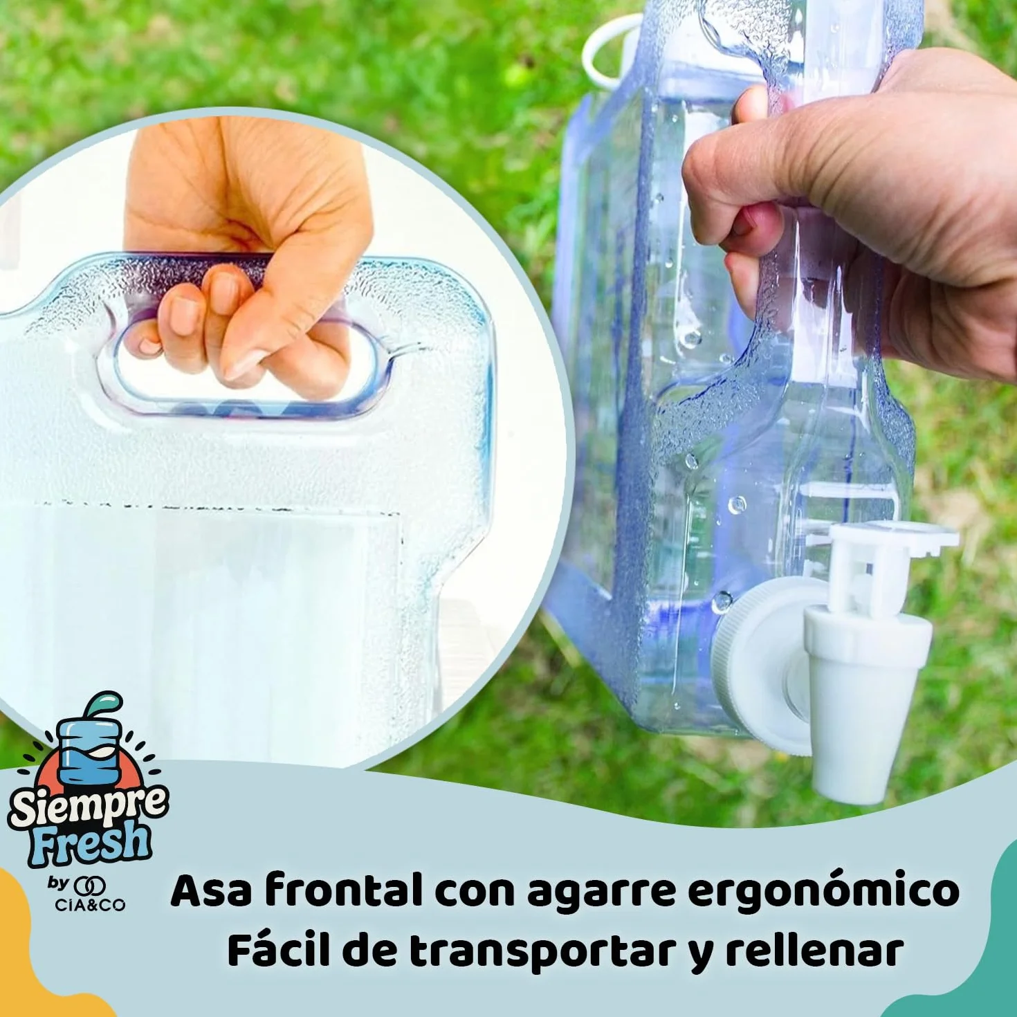 Dispensador de Agua Fría para Nevera 4,2 L by Cia&Co | Garrafa compacta 39x21x7,5 con Asa Ergonómica, Grifo de Doble Función y Tapón - Reutilizable y Duradera, Bebidas Frías en Casa, Playa, Camping