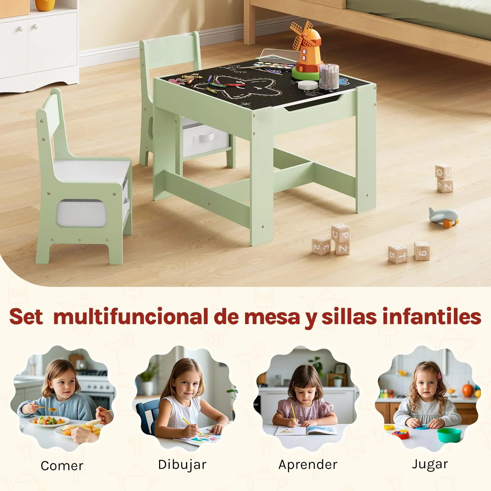 Mesa Infantil con 2 Sillas WOLTU, Mesa y Silla Niños con Almacenaje, Tablero Reversible, Madera, Verde + Blanco
