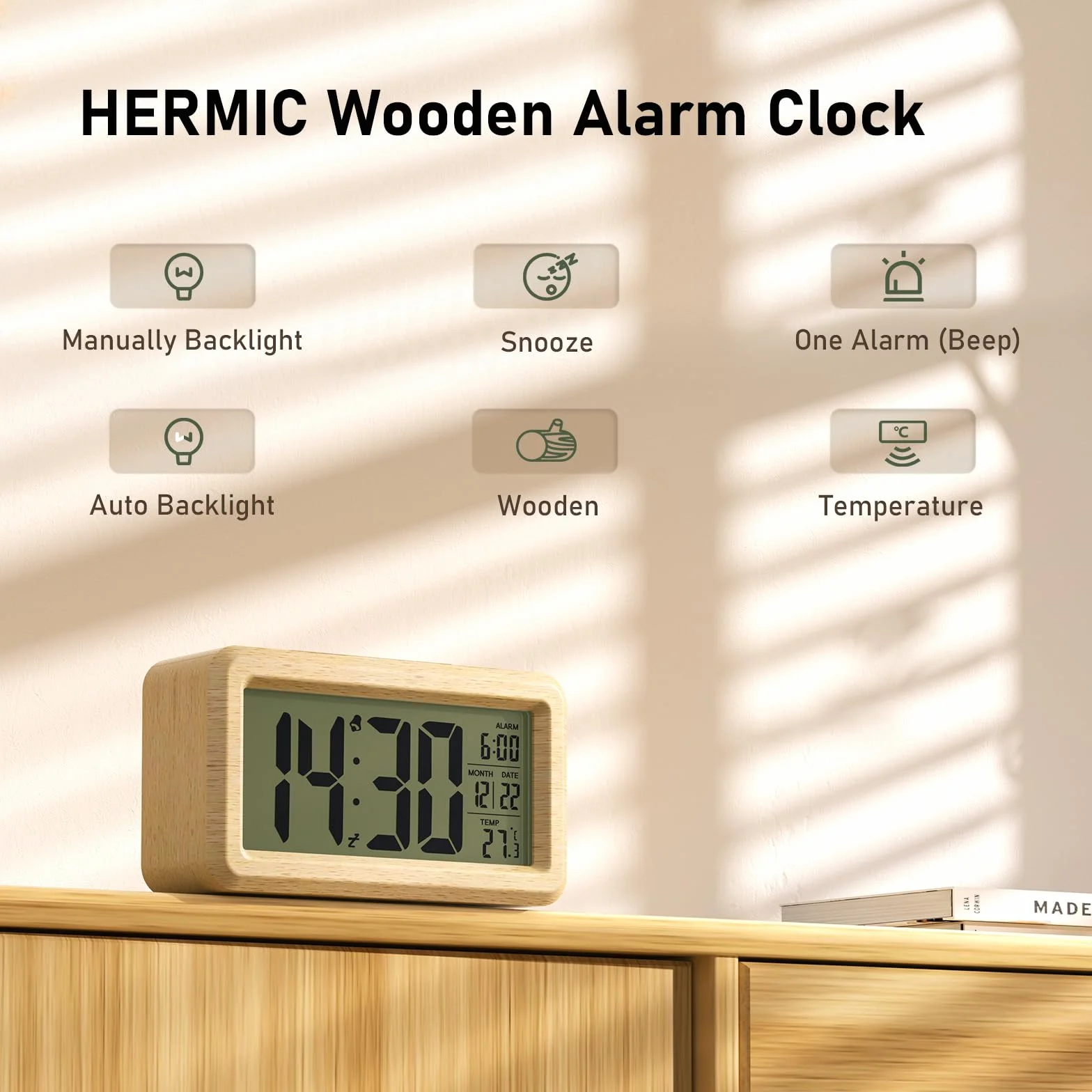 Despertador Digital de Madera, Reloj Despertador Digital Pilas con Pantalla LCD Grande, Retroiluminación, Fecha, Temperatura, Sensor de Luz Automático, Snooze (3 Pilas AAA Incluidas)