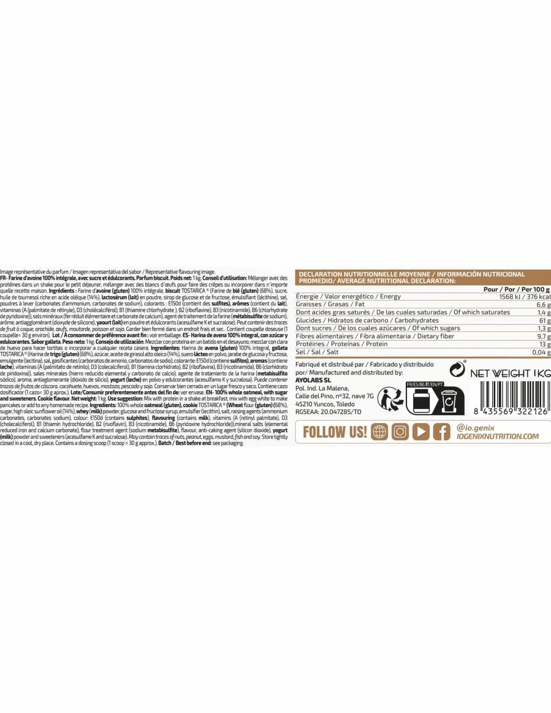 iO.GENIX Harina de Avena Integral 1kg Proteína Bajo Azúcares Crema Rica Cookies