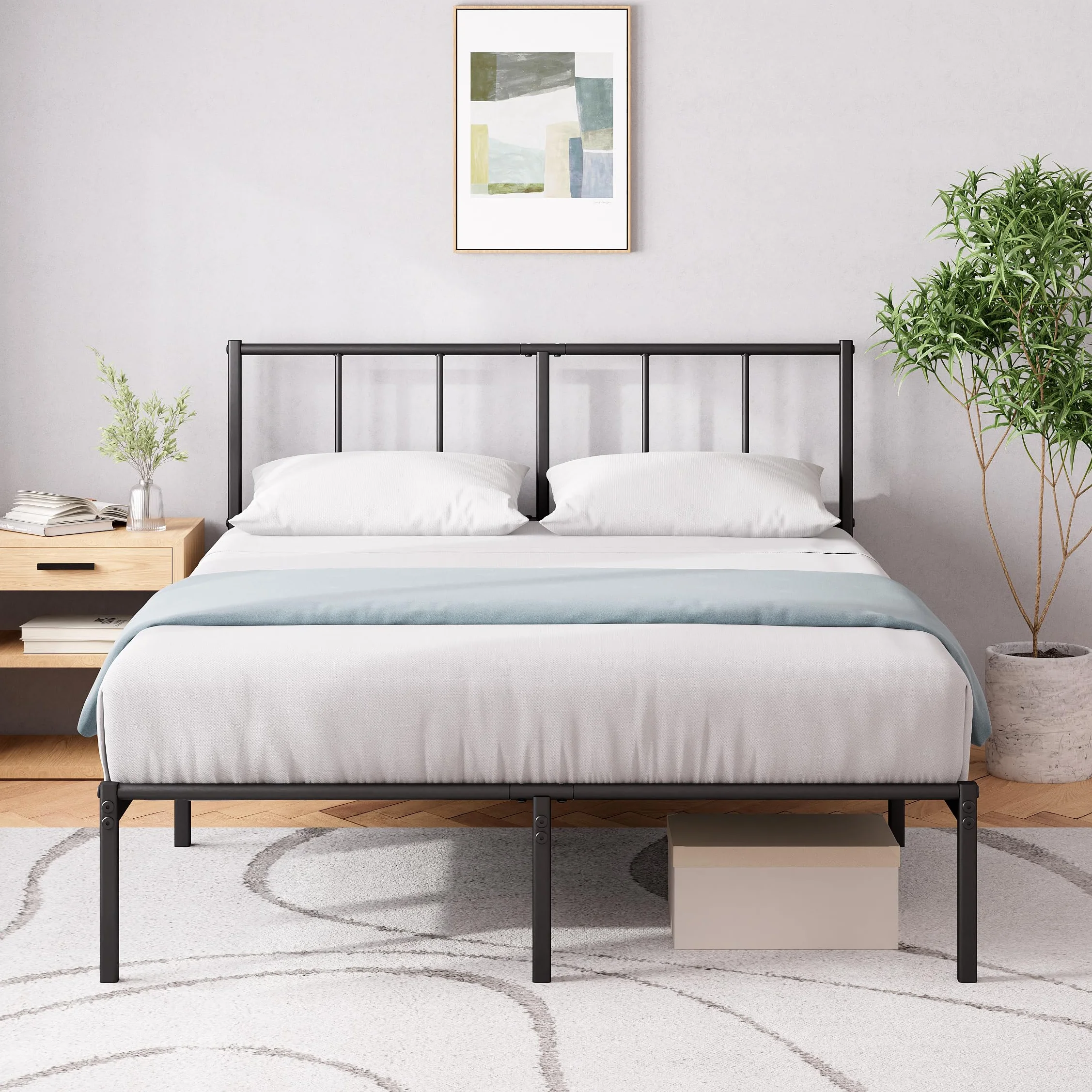 Zinus Justin Somier 135x190 cm - Altura 30 cm - Base Cama Matrimonio en Acero con Cabecero - Láminas de Metal - Montaje Fácil- Espacio de Almacenamiento - Negro