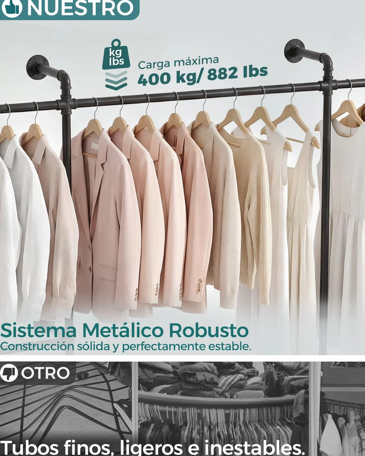 iSunirm Sistema de Armario Abierto – Barra Telescópica de Gran Capacidad, Armario de Acceso Facil, Diseño de Tubo Industrial