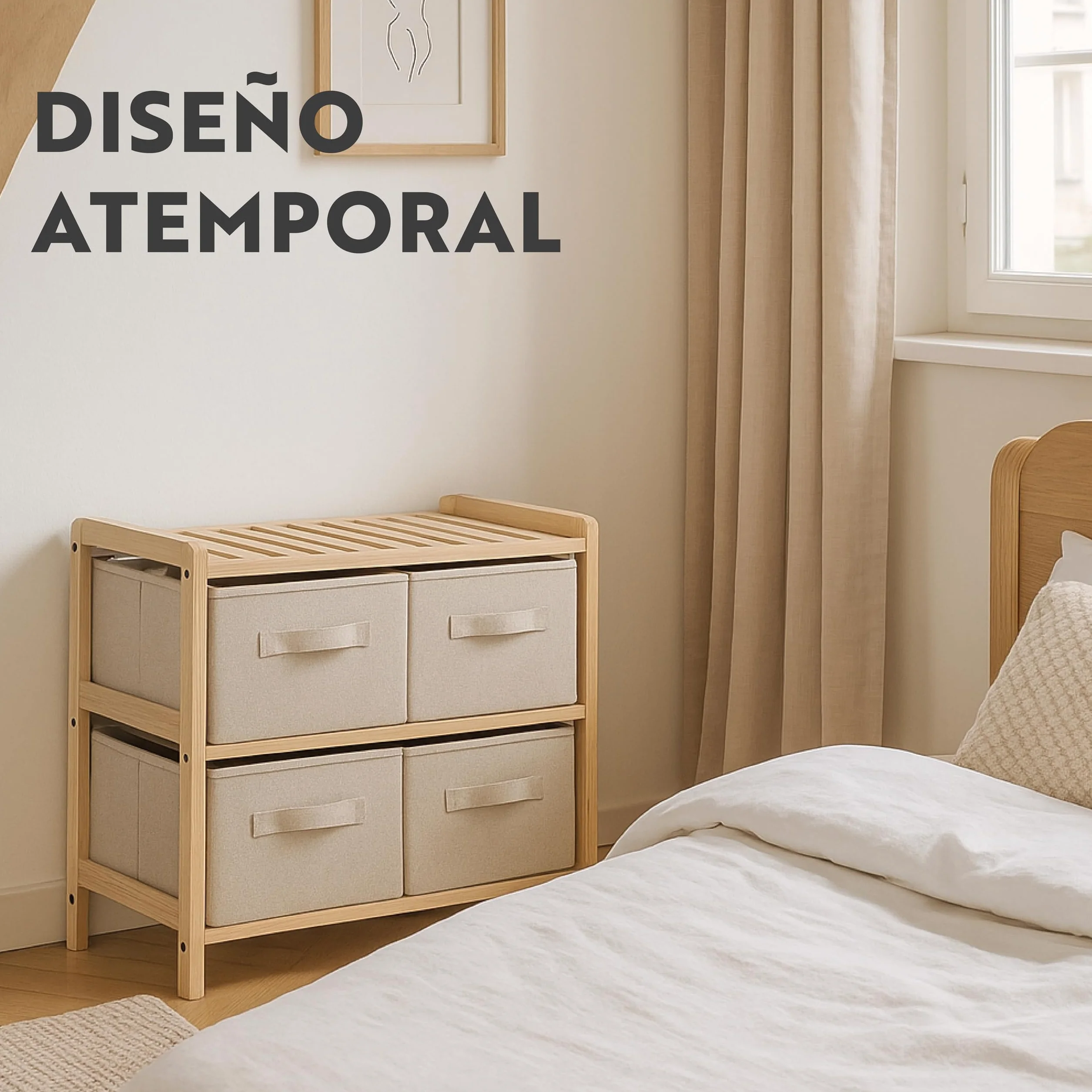 Organizador de madera de abeto Cajonera de Tela 4 cajones Mueble auxiliar dormitorio baño salón