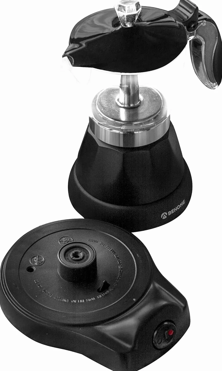 BEHOME Cafetera Italiana Eléctrica 3 Tazas, Moka Espresso Automática, Base Giratoria 360°, Negra